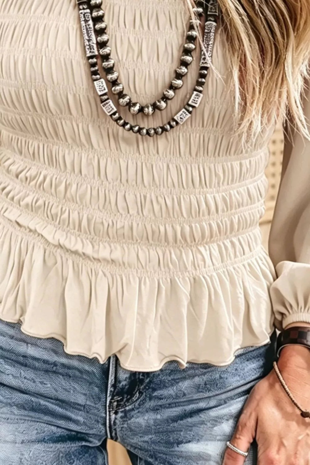 Smocked Balloon Sleeve Peplum Blouse