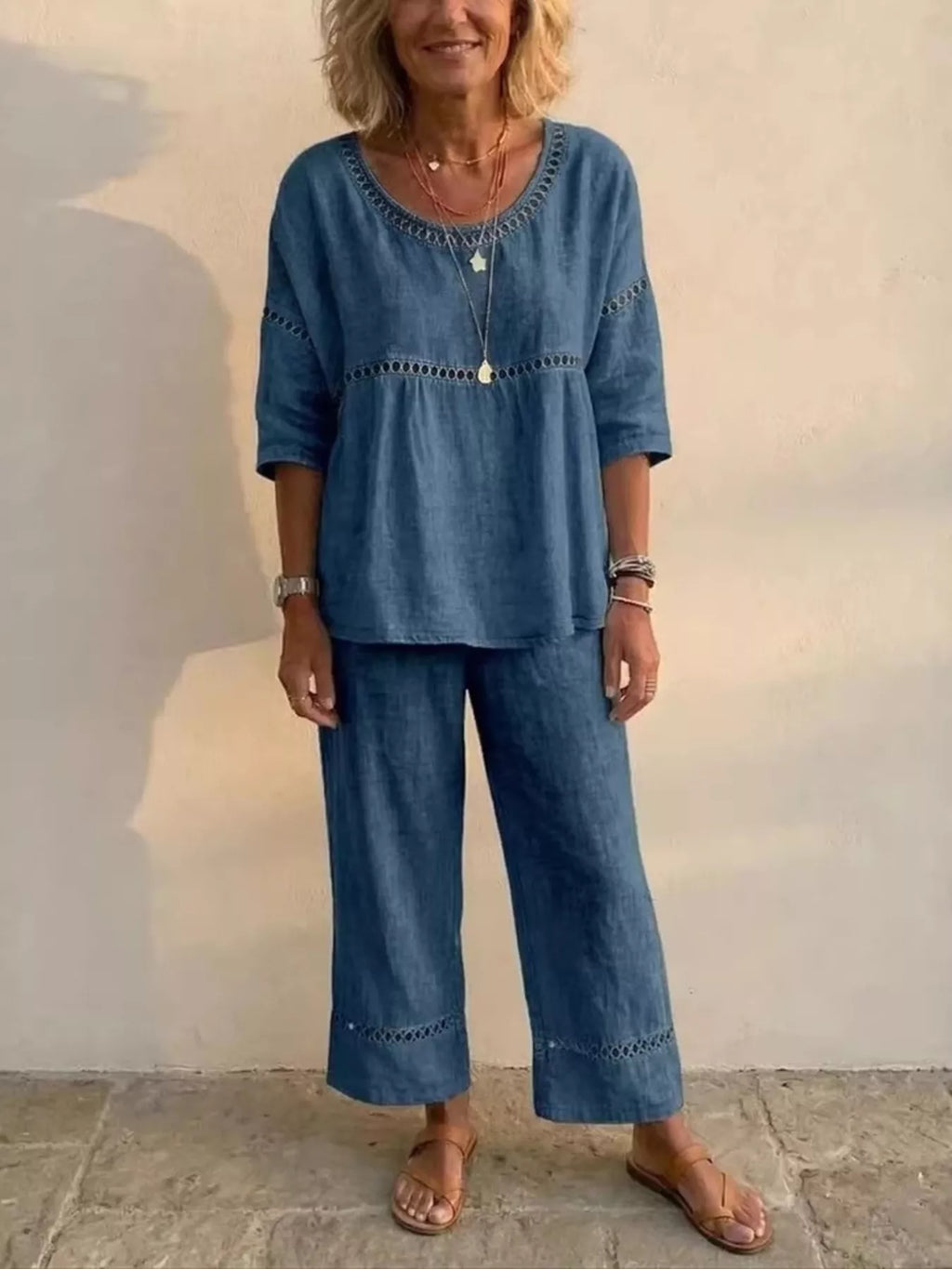 Full Size Hollow-Out Detailing Top and Pants Set Plus Size
