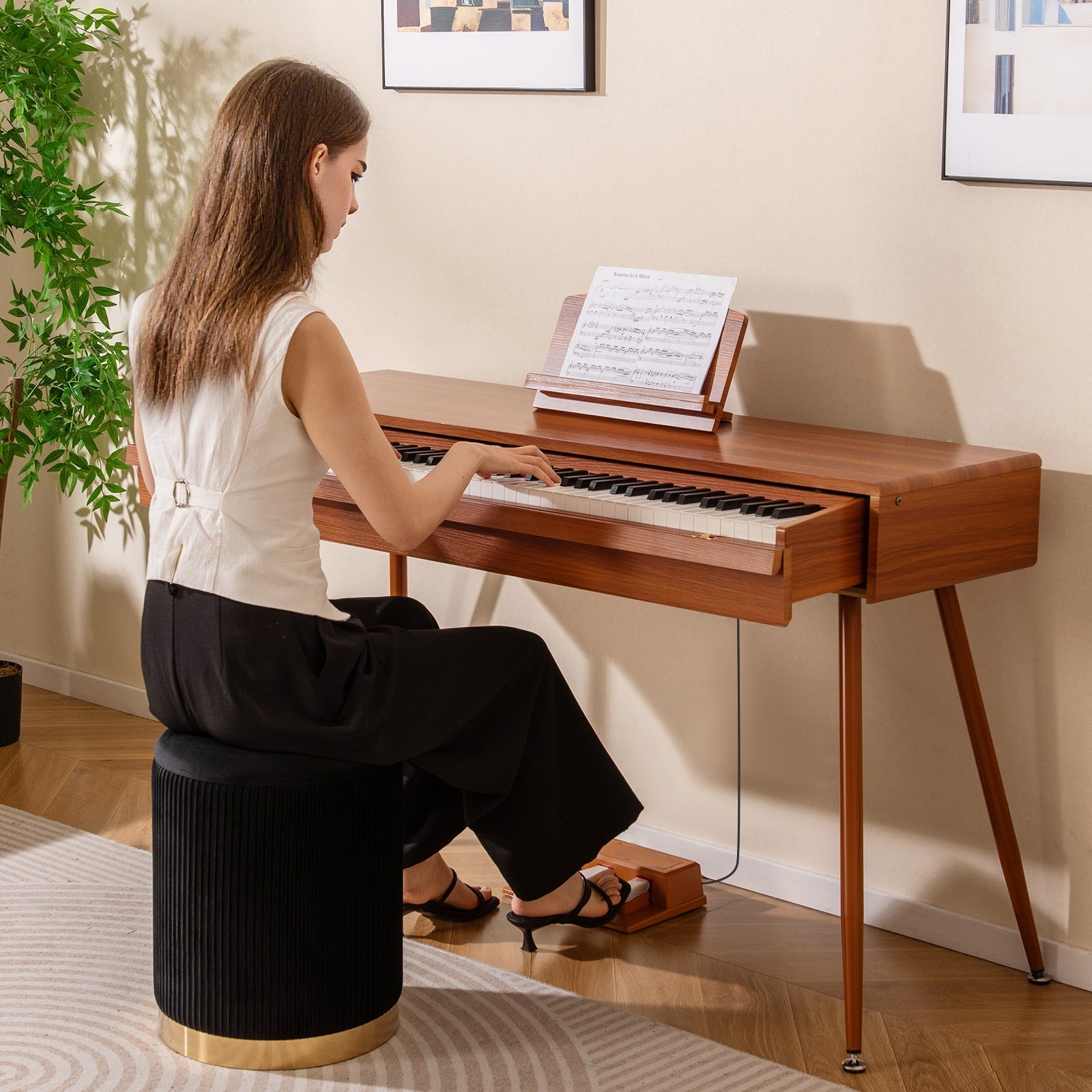 88-Key Graded Hammer Action Weighted Keyboard with Push-pull Drawer-Brown