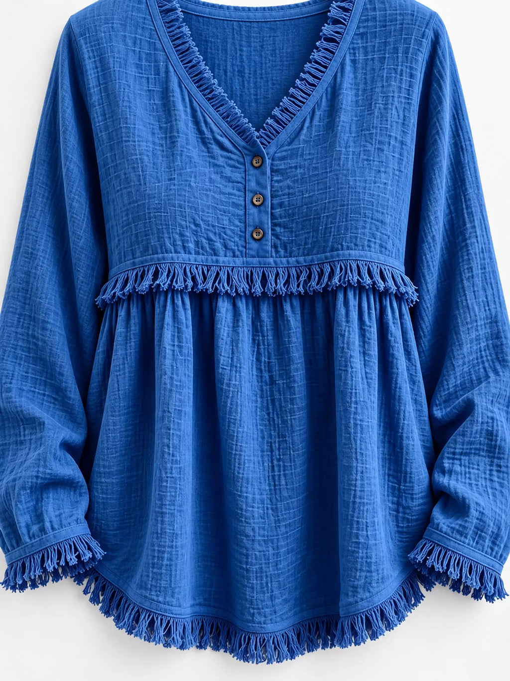 Full Size Fringed Trim V-Neck Long Sleeve Blouse Plus Size