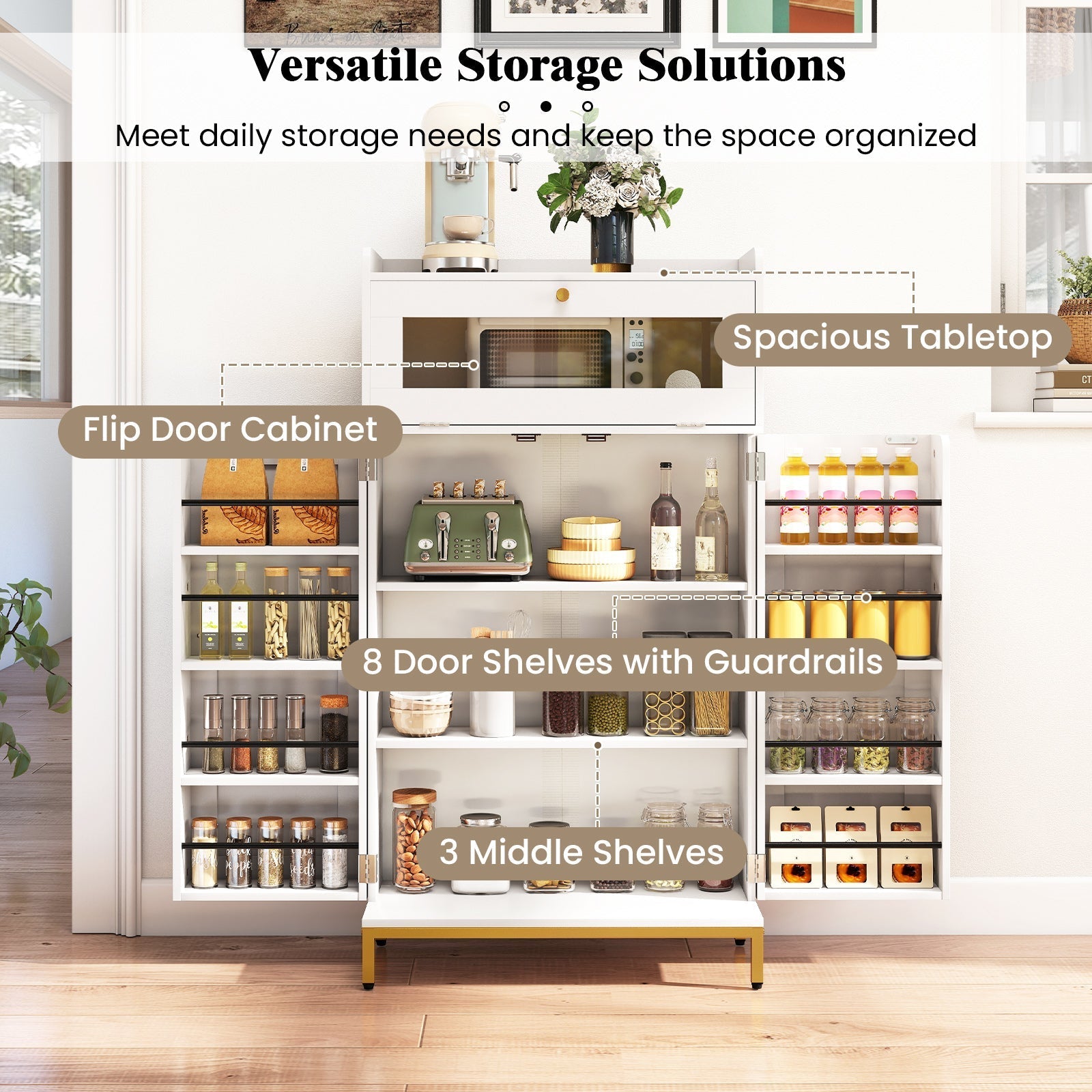 Kitchen Pantry Cabinet Freestanding Food Storage Cupboard-White