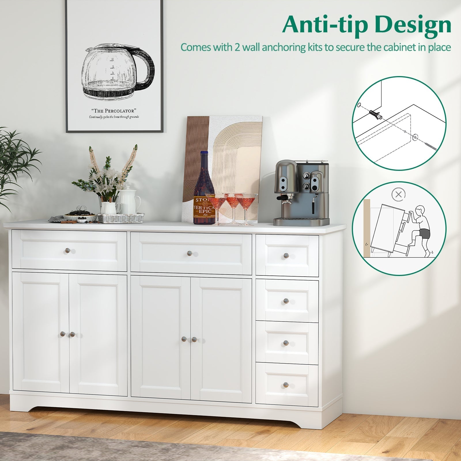 Buffet Sideboard 59" Modern Coffee Bar Station Console Table-White