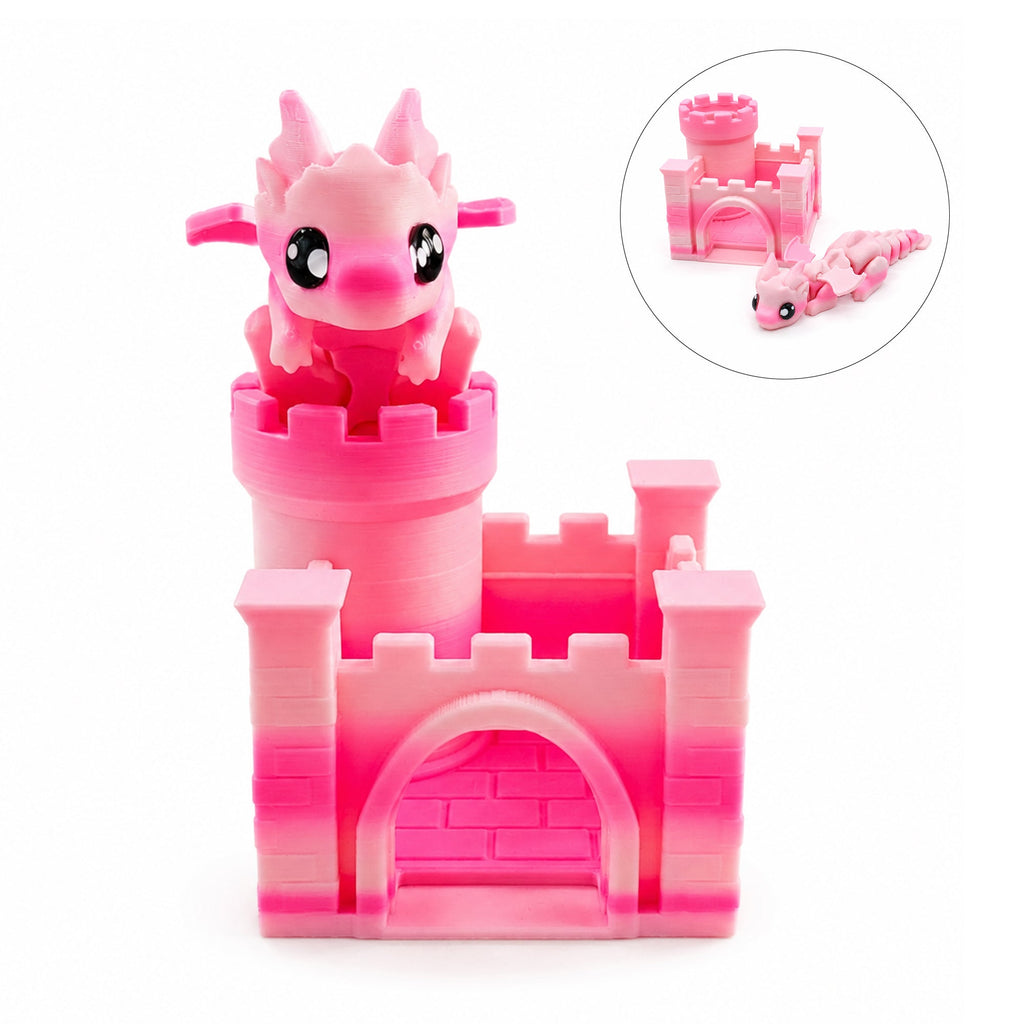 3D Printed Articulated Dragon And Castle Set, Cute Movable Flying Dragon Figure With Mini Castle, Desk Decor Fidget Toy Gift For Kids And Adults