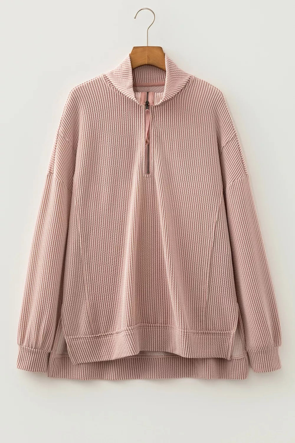 Twist Ribbed Zipper Collar Drop Shoulder Long Sleeve Top