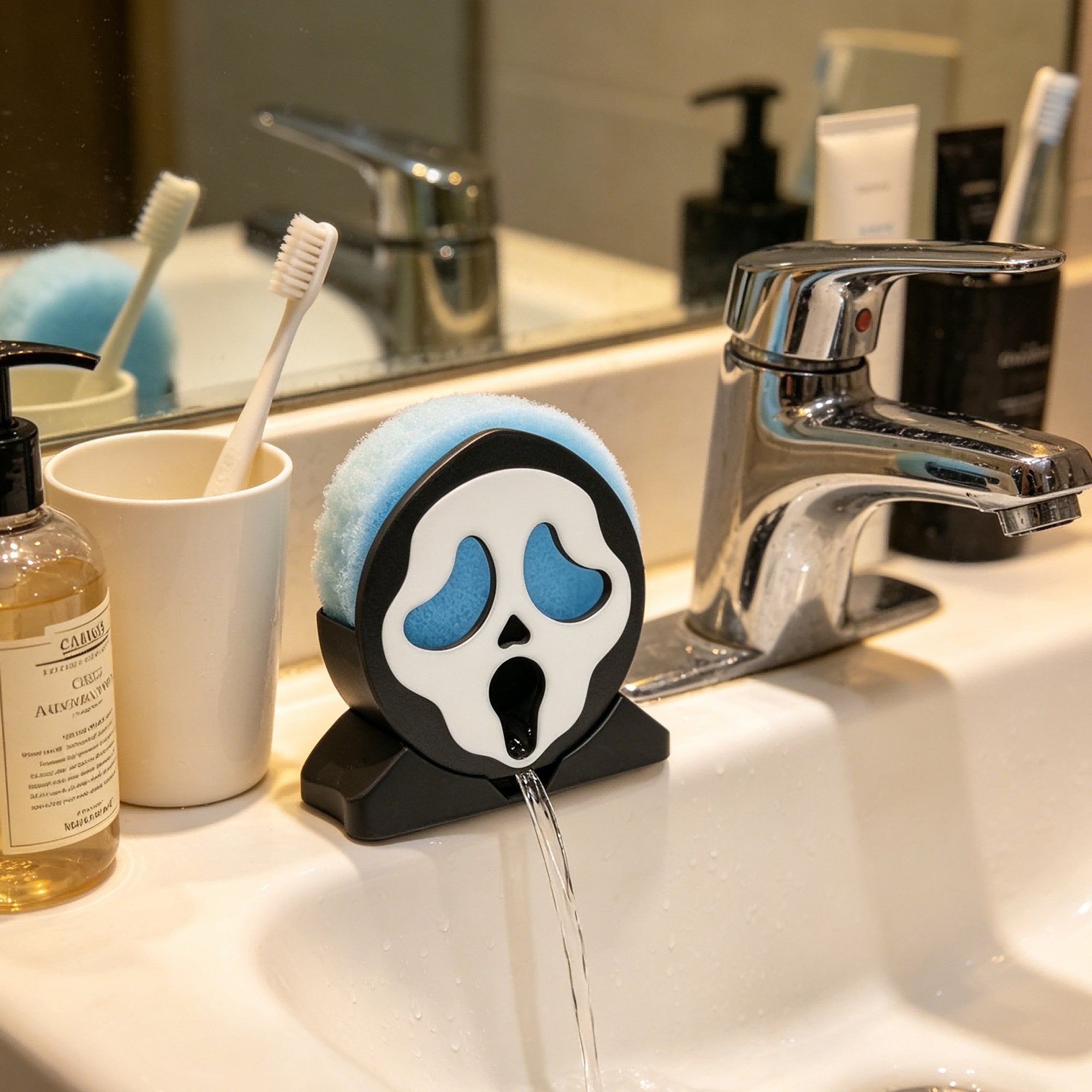 3D Printed Spooky Face Sponge Holder With Drainage Spout, Kitchen Sink Scrubber Organizer, Countertop Dish Sponge Storage Rack For Halloween Home Decor