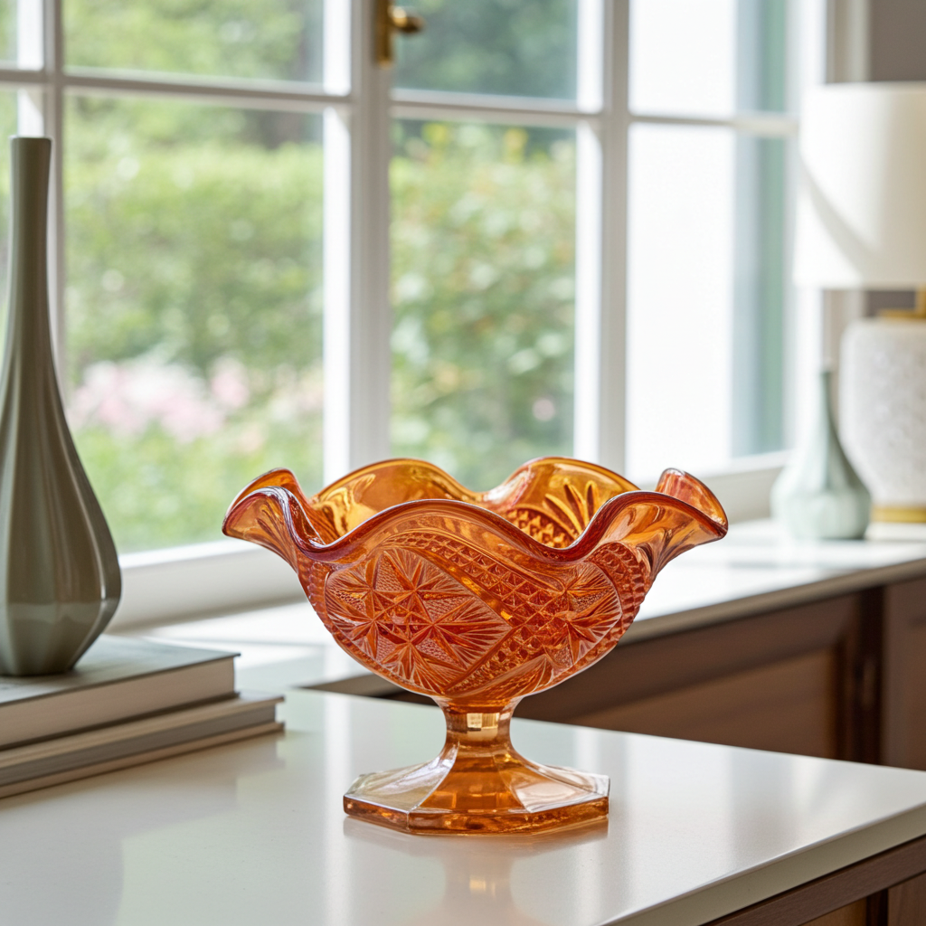 Imperial Marigold Open Rose Ruffled Bowl – Carnival Glass Pedestal