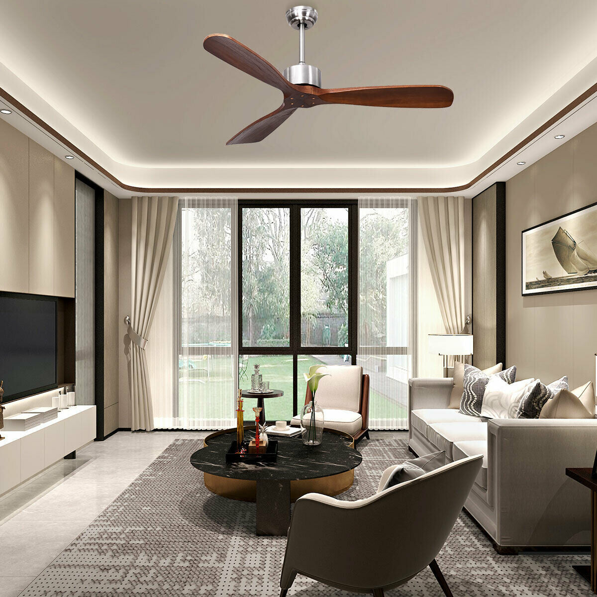 52 Inch Modern Ceiling Fan Indoor Outdoor Brushed Nickel Finish with Remote