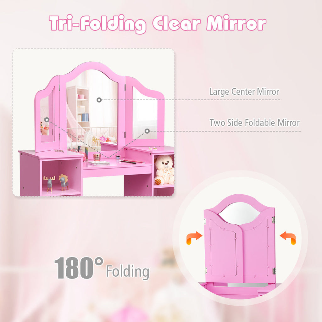 Kids Tri Folding Mirror Makeup Dressing Vanity Table Set