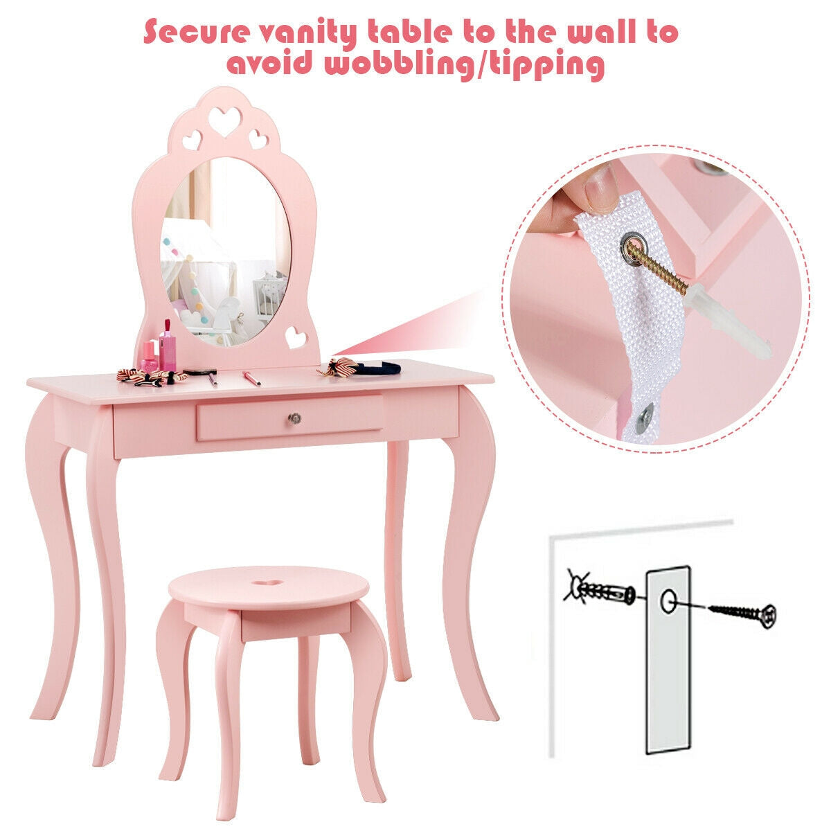 Kids Princess Makeup Dressing Play Table Set with Mirror