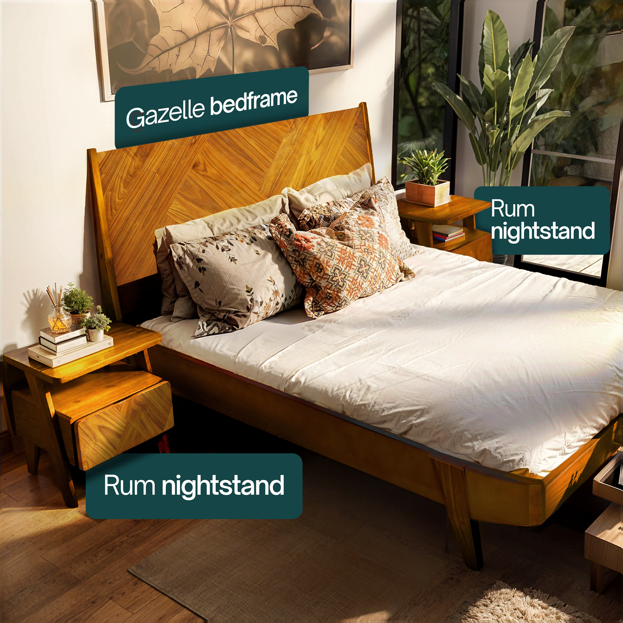 Rum Handcrafted Solid Wood Nightstand