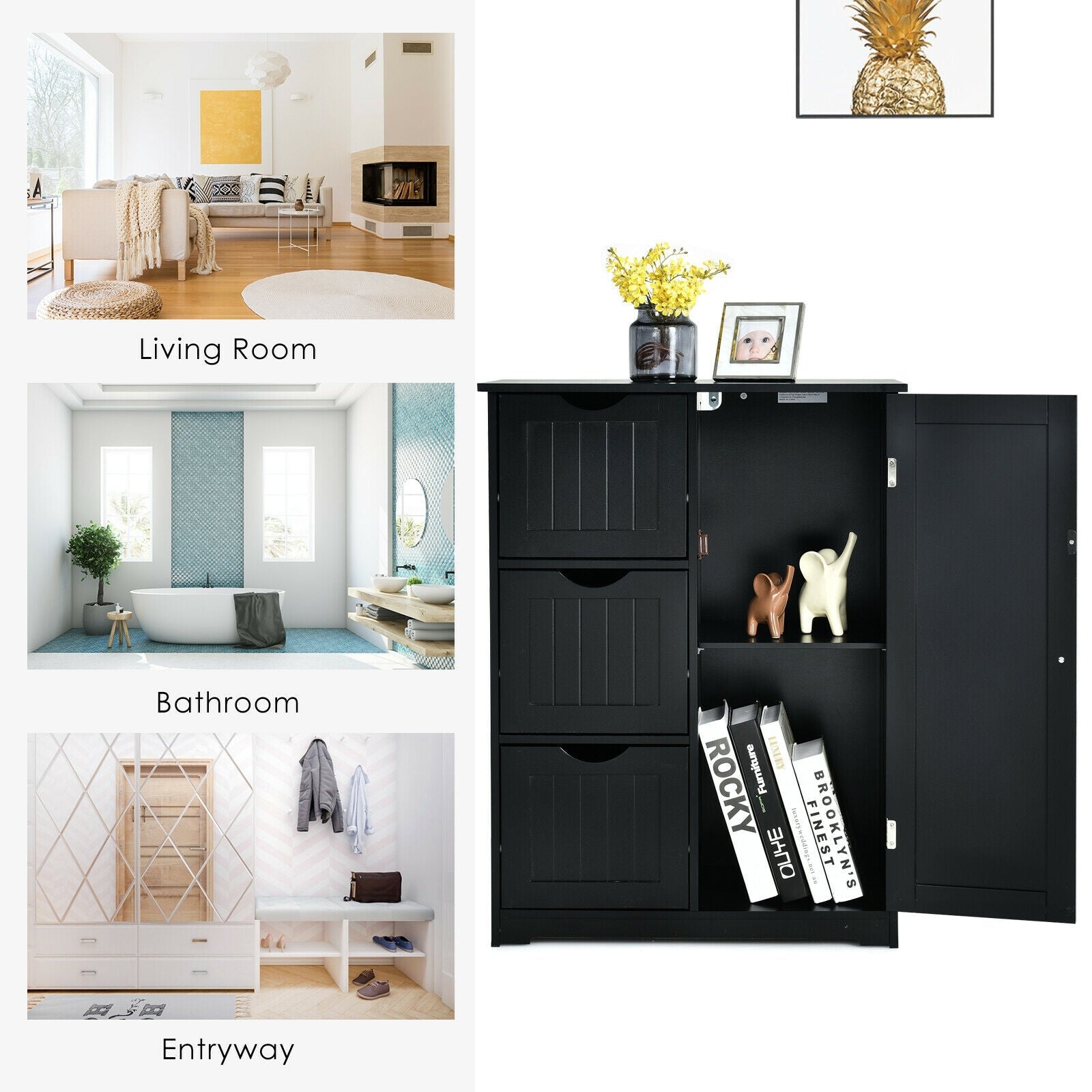 Bathroom Floor Cabinet Side Storage Cabinet with 3 Drawers and 1 Cupboard