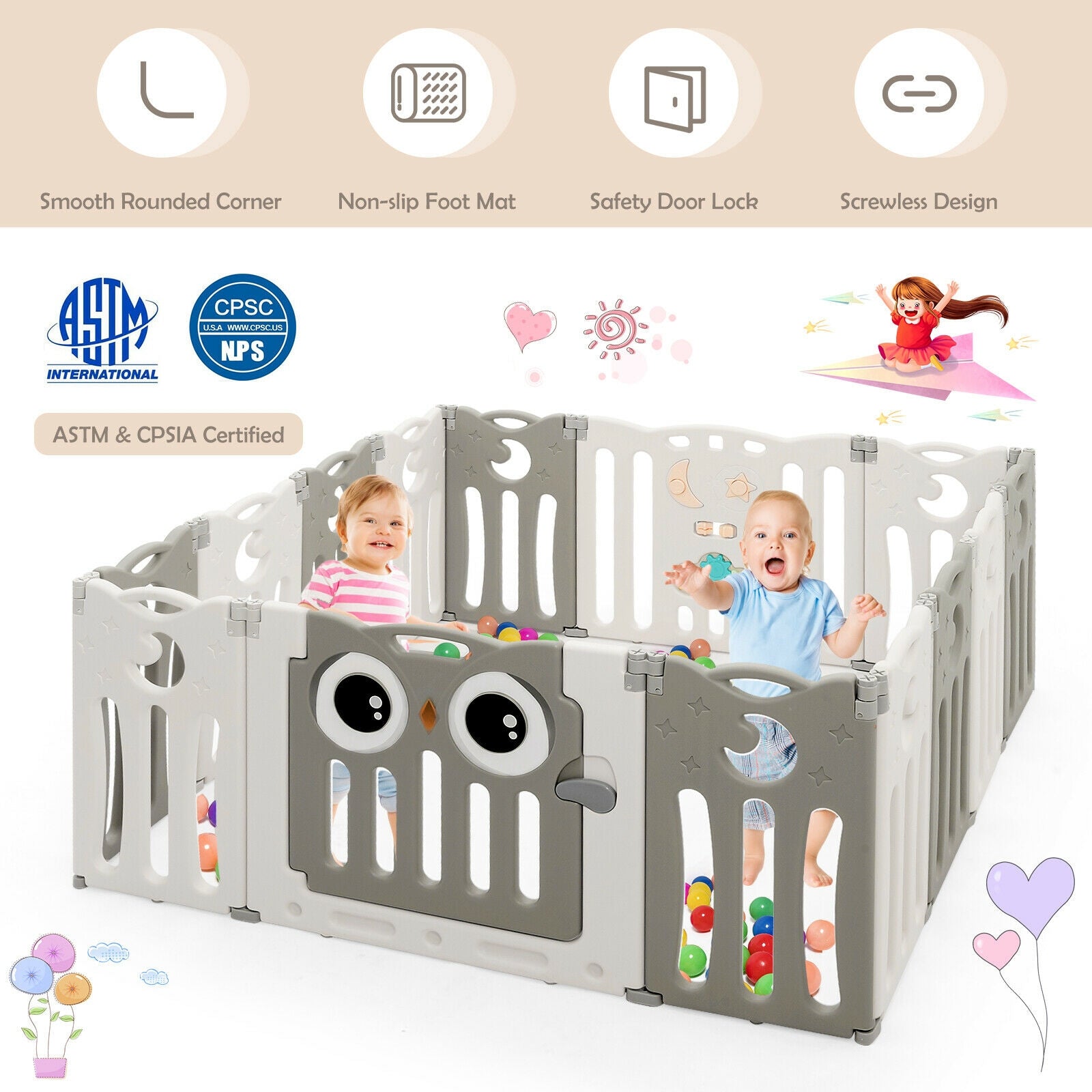 14-Panel Baby Playpen Kids Activity Center Foldable Play Yard with Lock Door