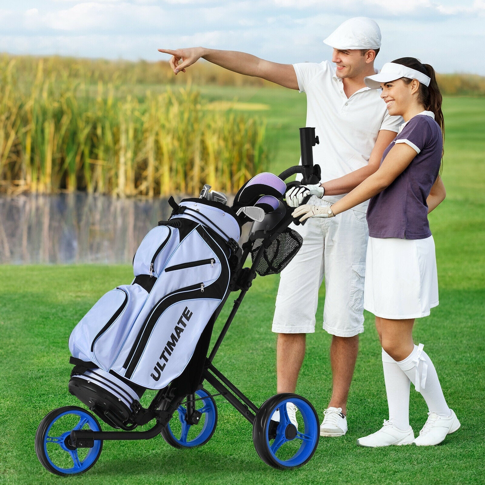 Folding 3 Wheels Golf Push Cart with Brake Scoreboard Adjustable Handle