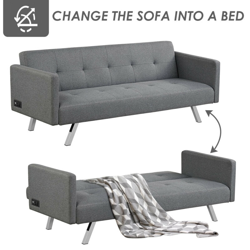 3 Seat Convertible Linen Fabric Futon Sofa with USB and Power Strip