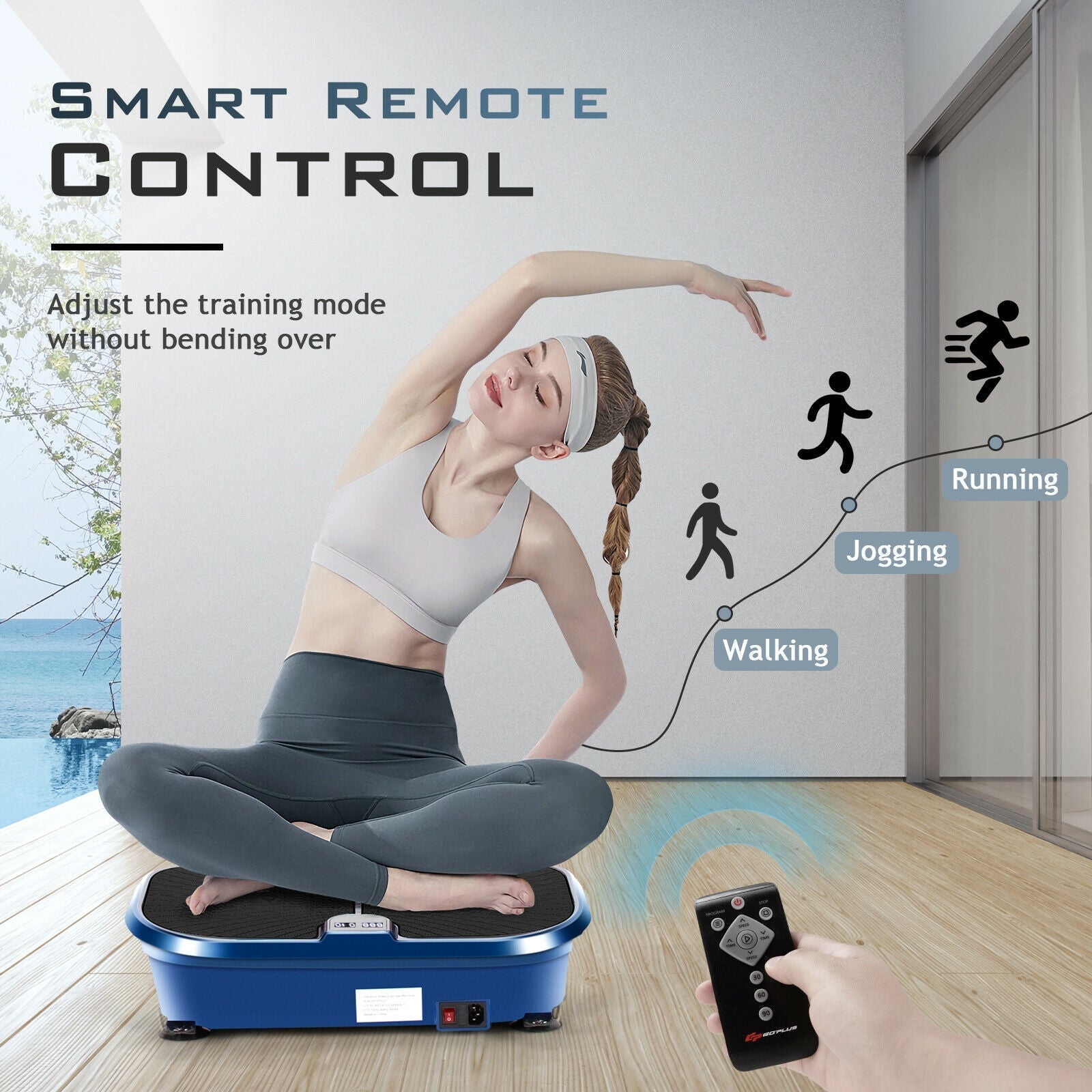 Mini Vibration Fitness Plate Machine with Remote Control and Loop Bands-Blue