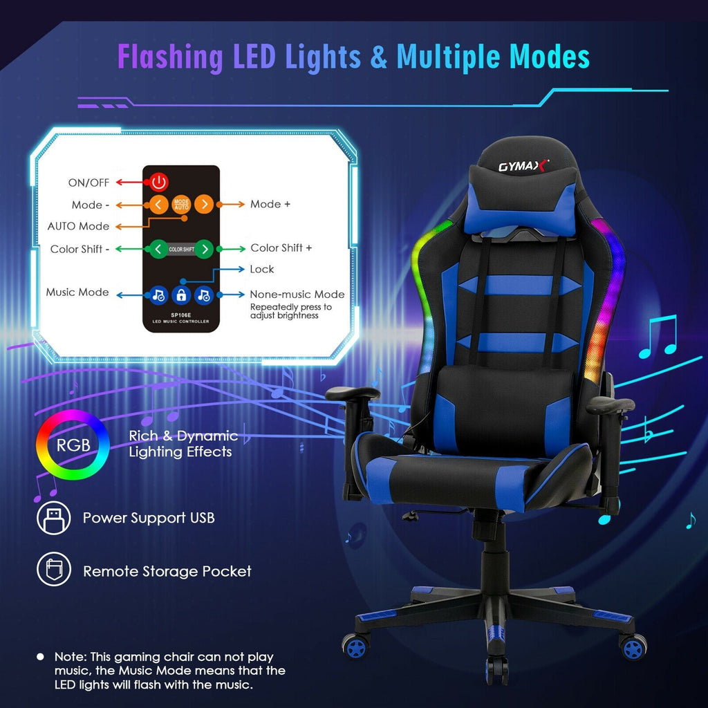 Adjustable Swivel Gaming Chair with LED Lights and Remote