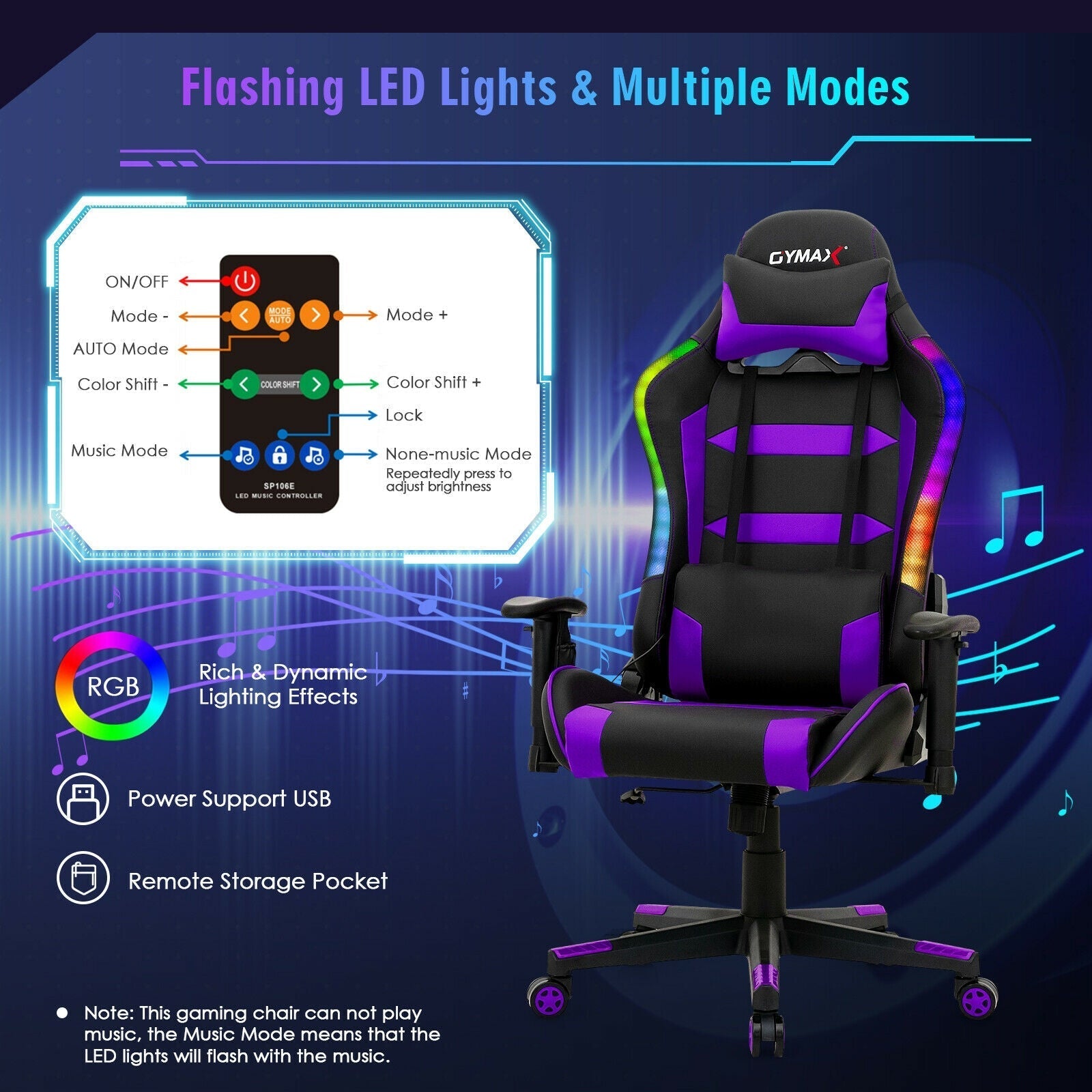 Adjustable Swivel Gaming Chair with LED Lights and Remote