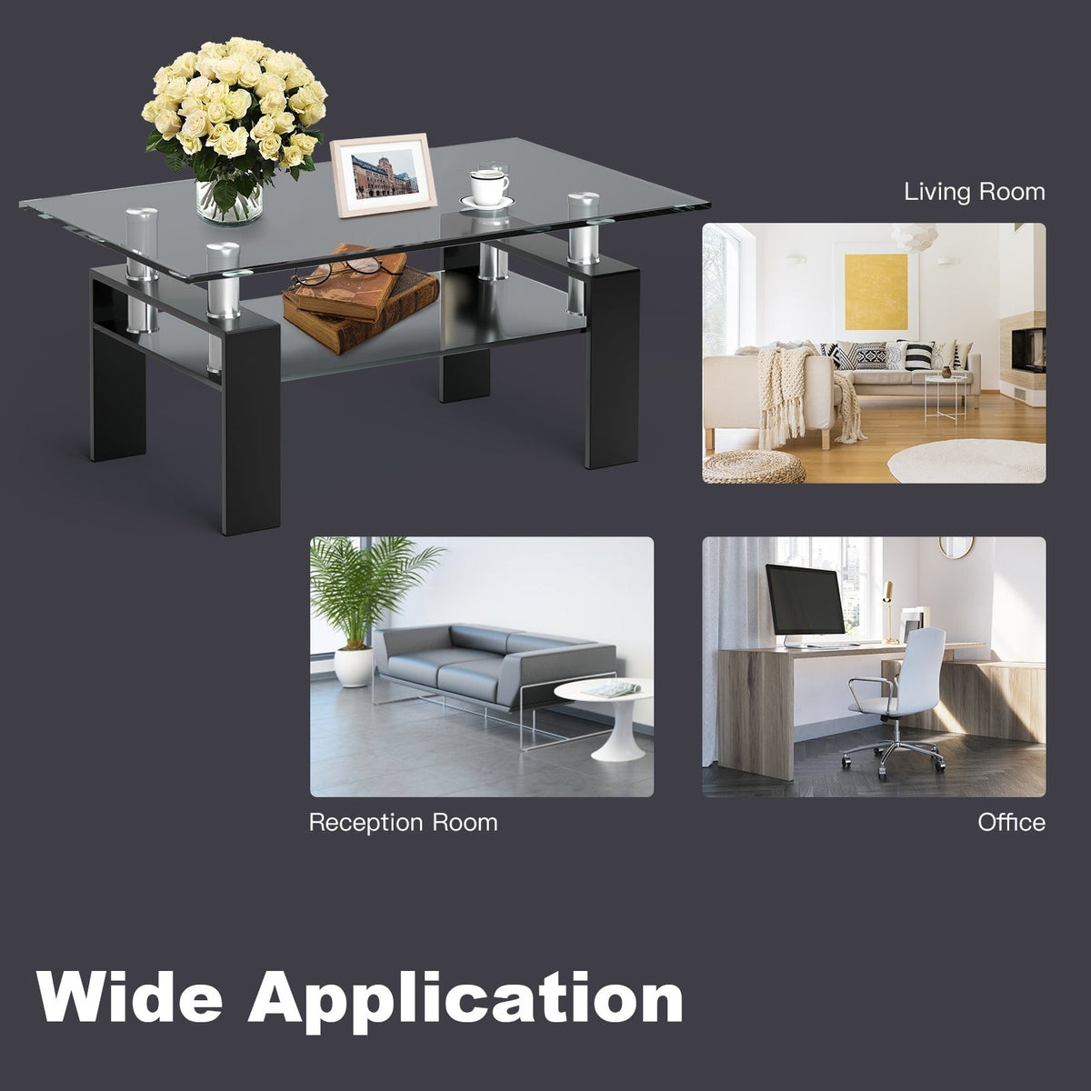 Rectangle Glass Coffee Table with Metal Legs for Living Room