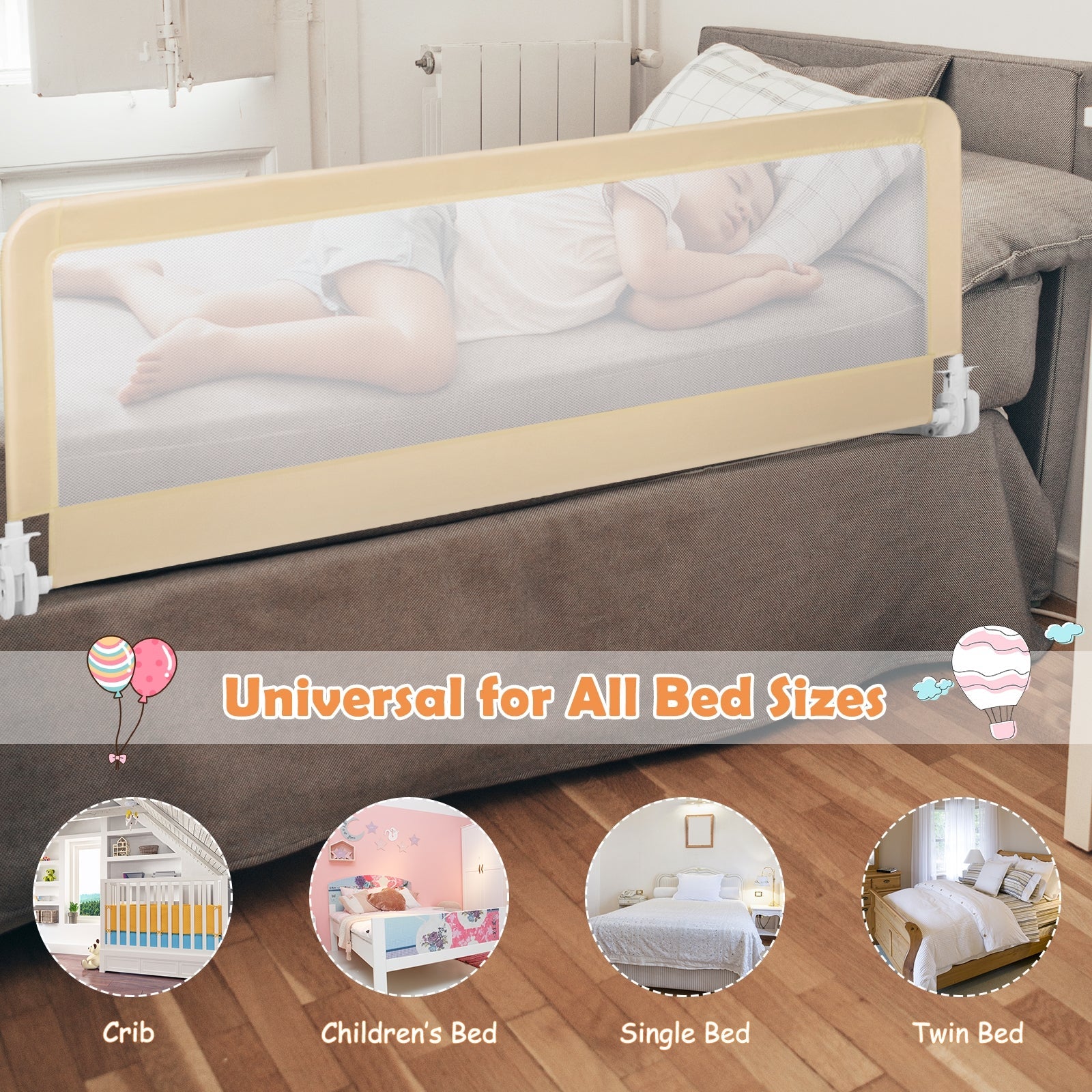 59 Inch Folding Breathable Baby Bed Rail Guard with Safety Strap
