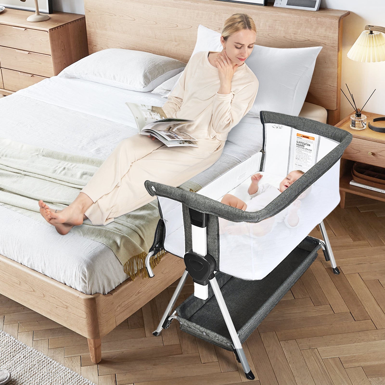 Adjustable Baby Bedside Crib with Large Storage