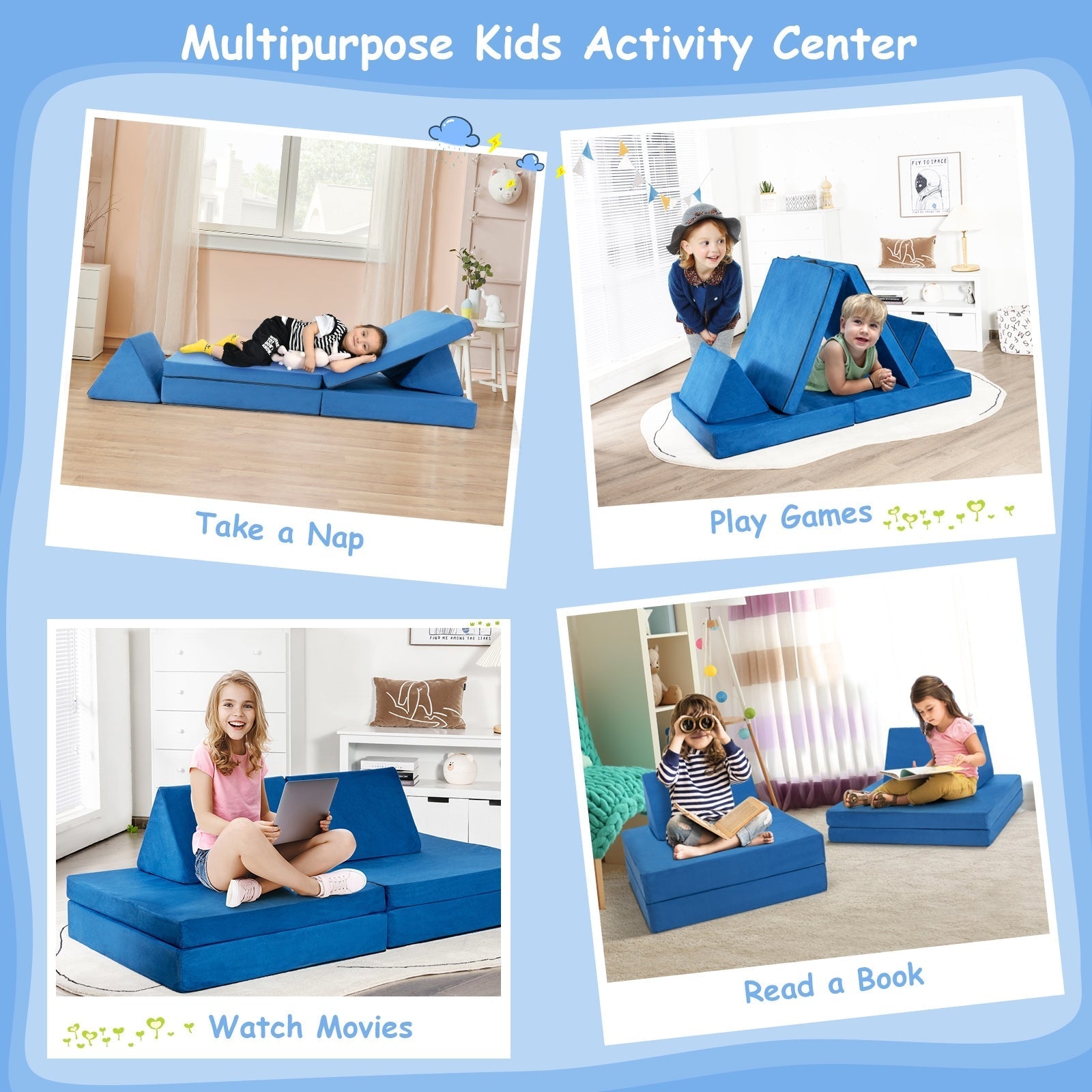 4 Pieces Convertible Kids Couch Set with 2 Folding Mats-Yellow