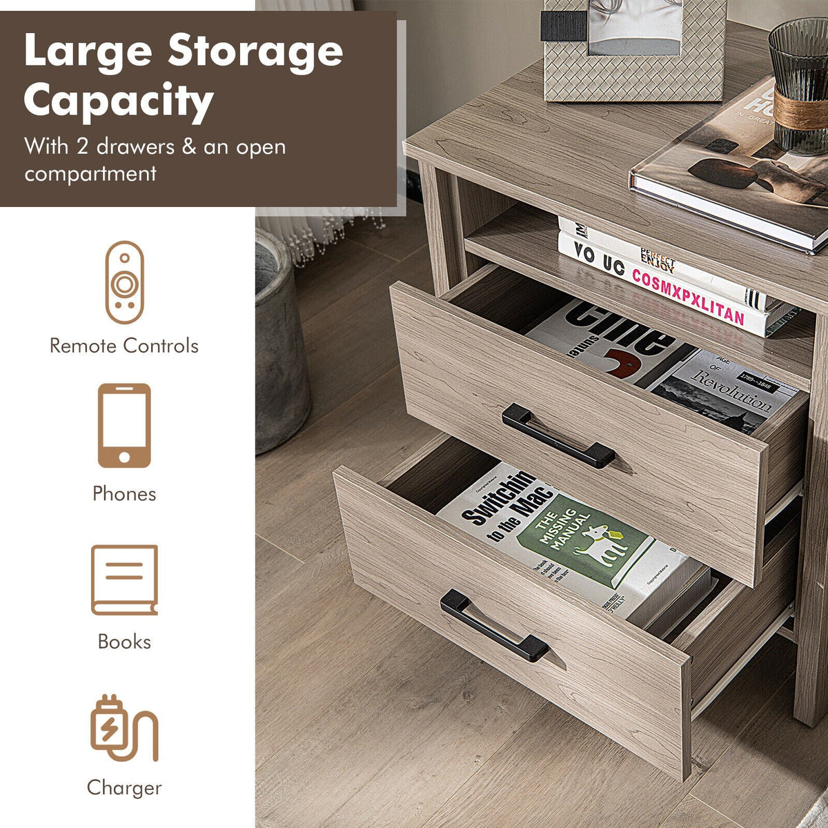 Modern Wood Grain Nightstand with Cable Hole and Open Compartment