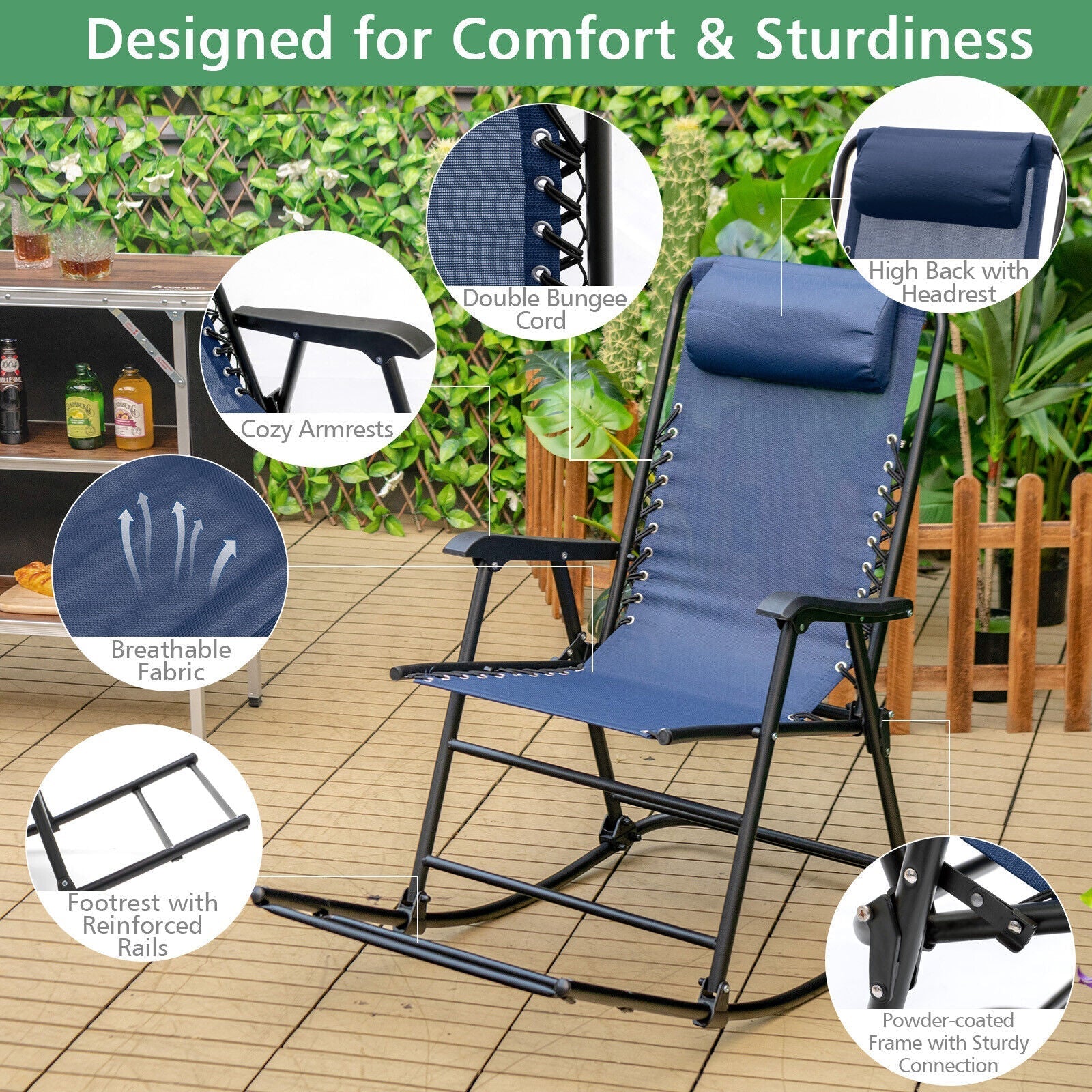 Outdoor Patio Camping Lightweight Folding Rocking Chair with Footrest