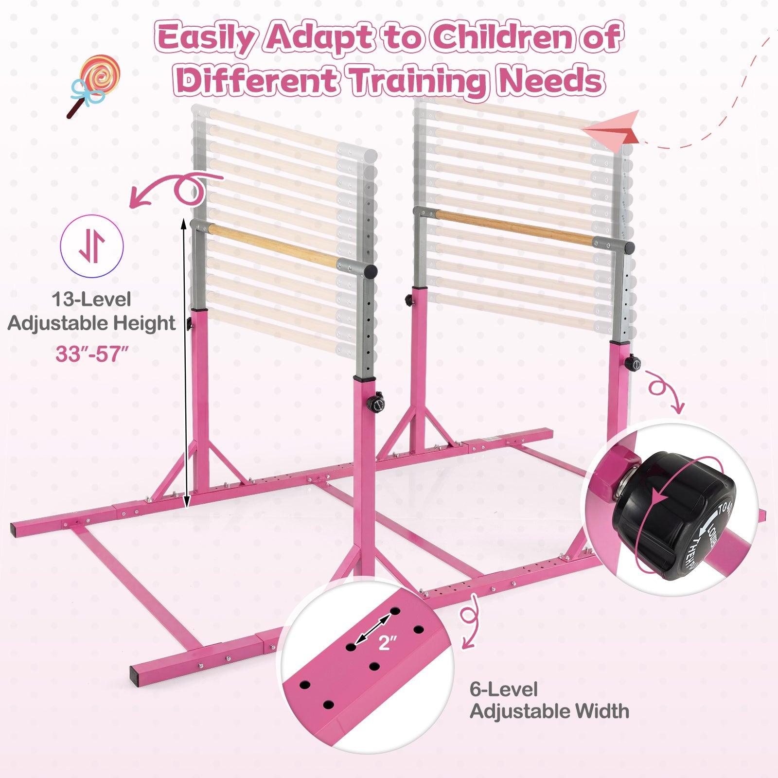 8 FT Double Horizontal Bars with 13-Level Adjustable Heights and 6-Level Adjustable Width-Pink