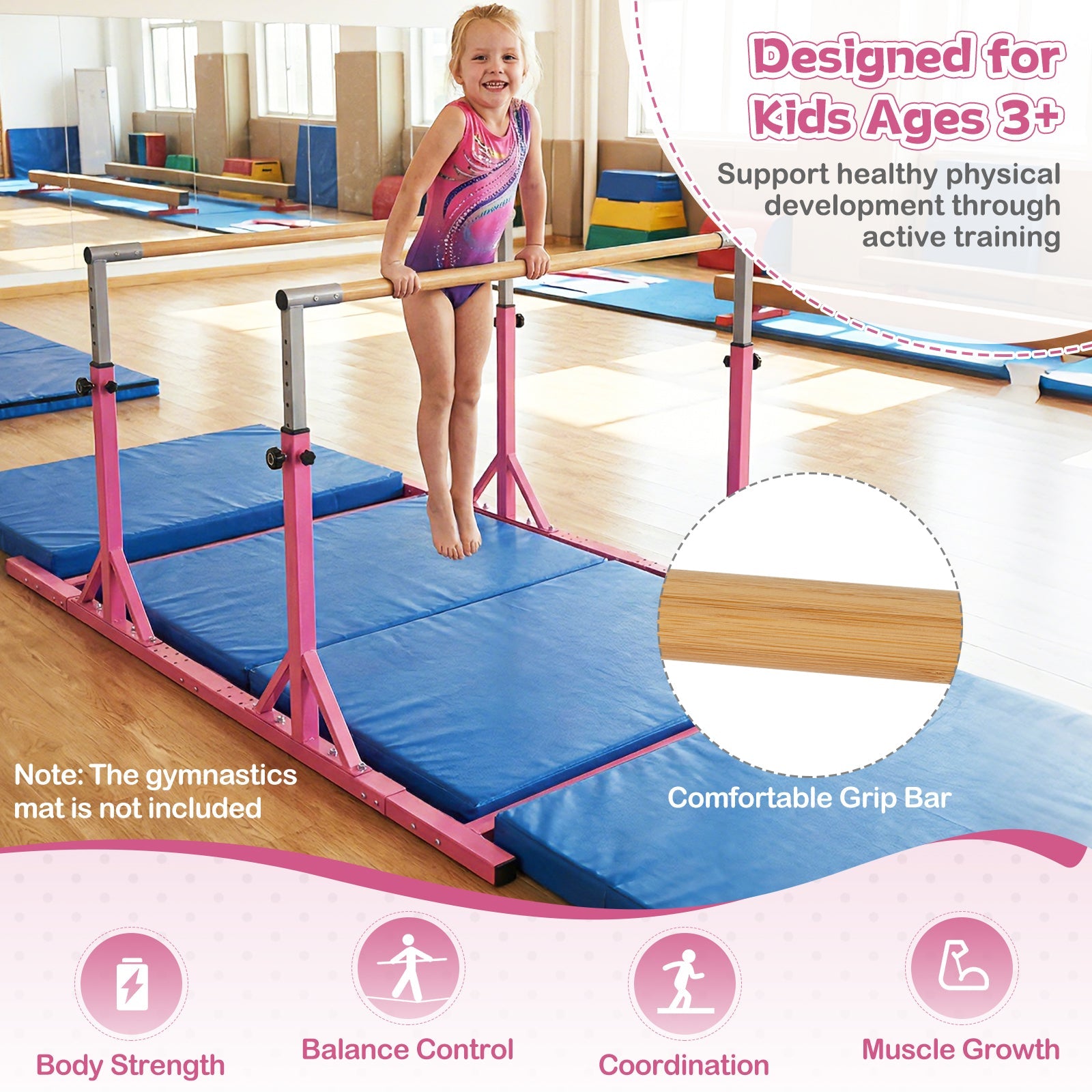 8 FT Double Horizontal Bars with 13-Level Adjustable Heights and 6-Level Adjustable Width-Pink