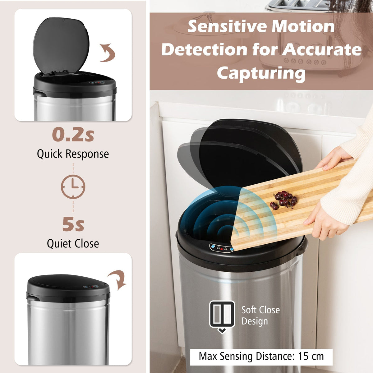 8 Gal Automatic Trash Can with Stainless Steel Frame Touchless Waste Bin-Silver