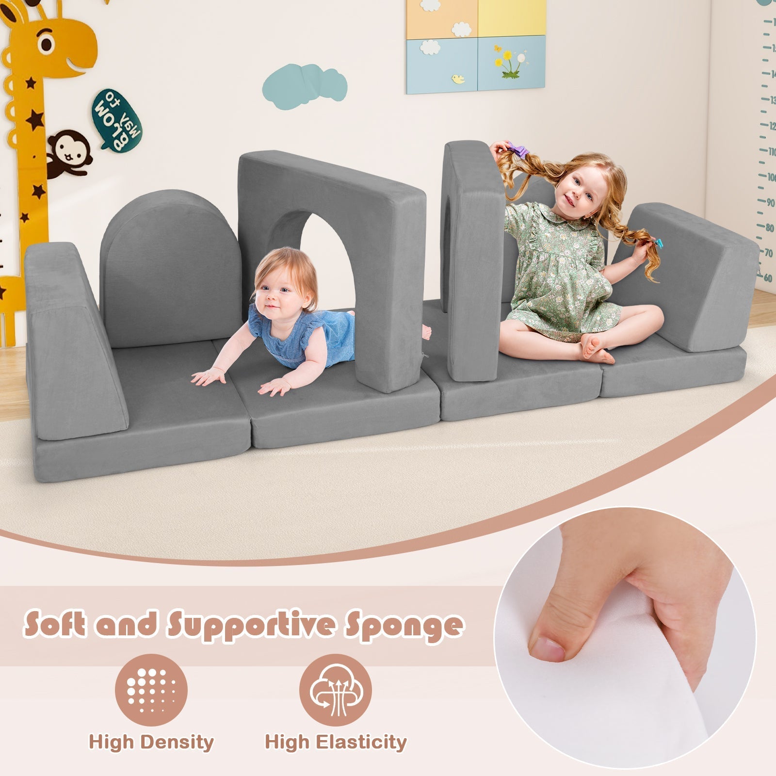 8-Piece Modular Kids Play Couch with Comfy Suede Fabric