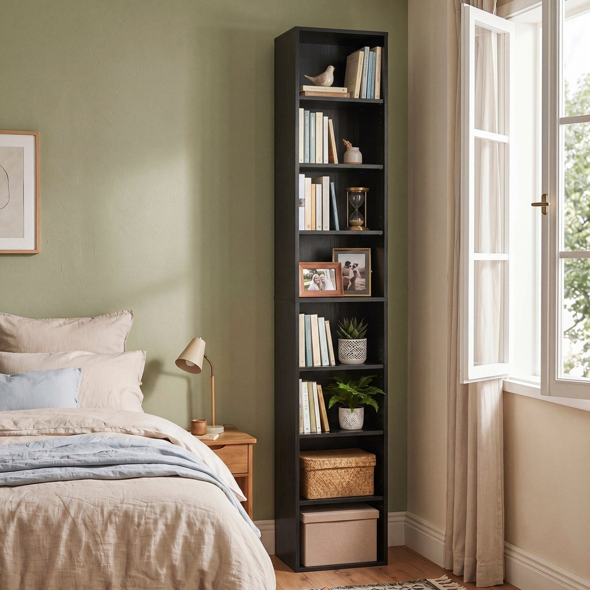 8-Tier Narrow Bookshelf with Adjustable Shelves