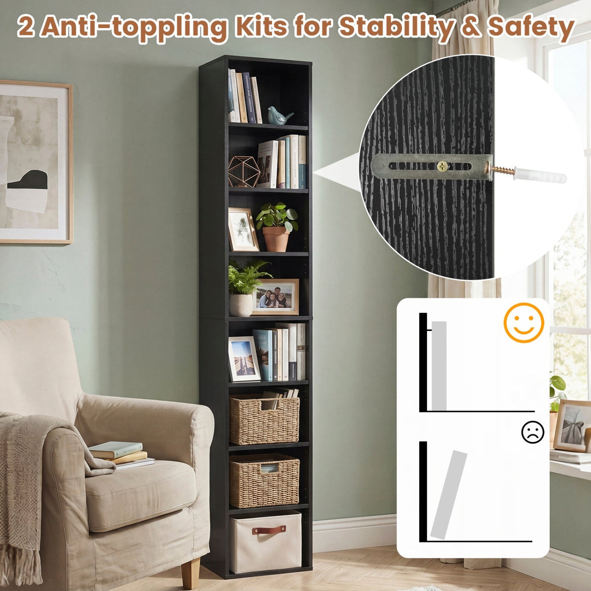 8-Tier Narrow Bookshelf with Adjustable Shelves
