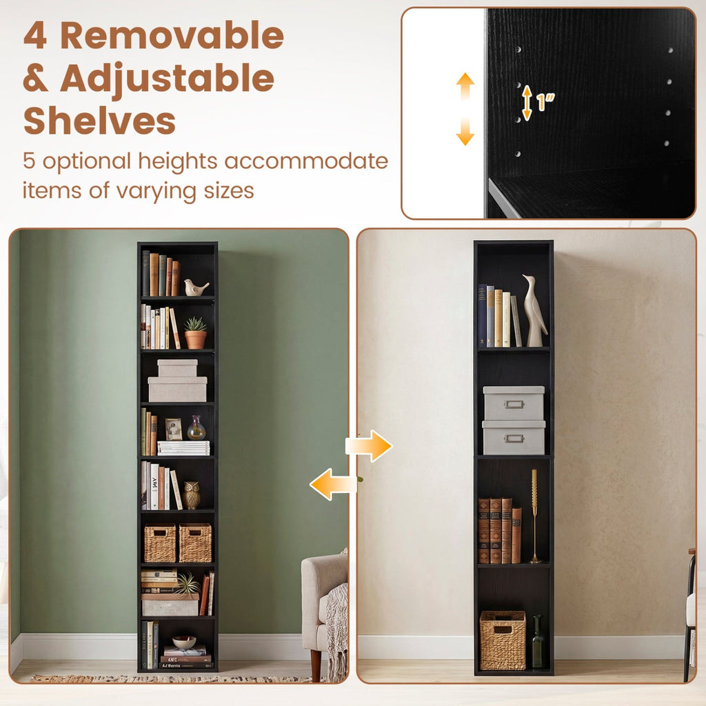 8-Tier Narrow Bookshelf with Adjustable Shelves