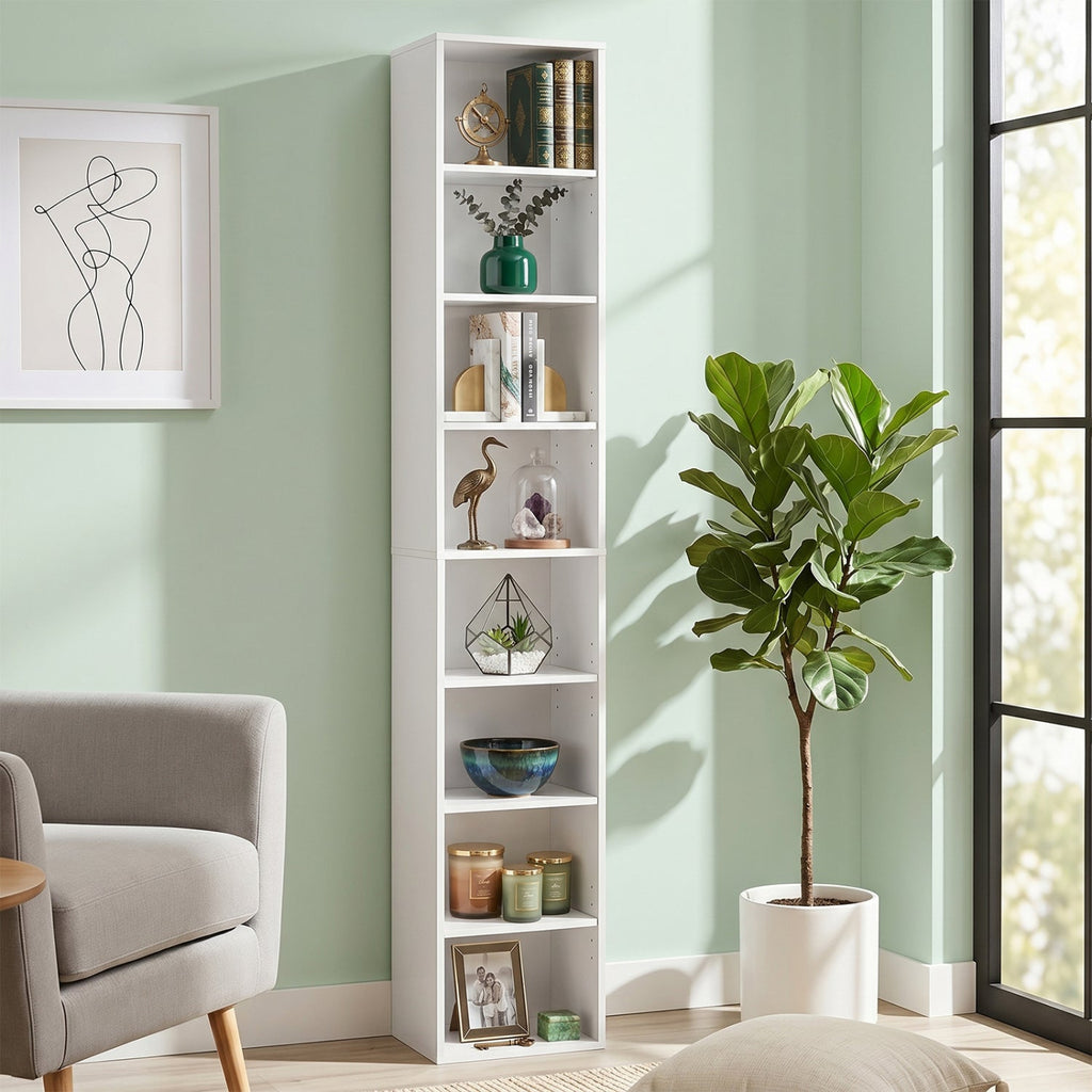8-Tier Narrow Bookshelf with Adjustable Shelves