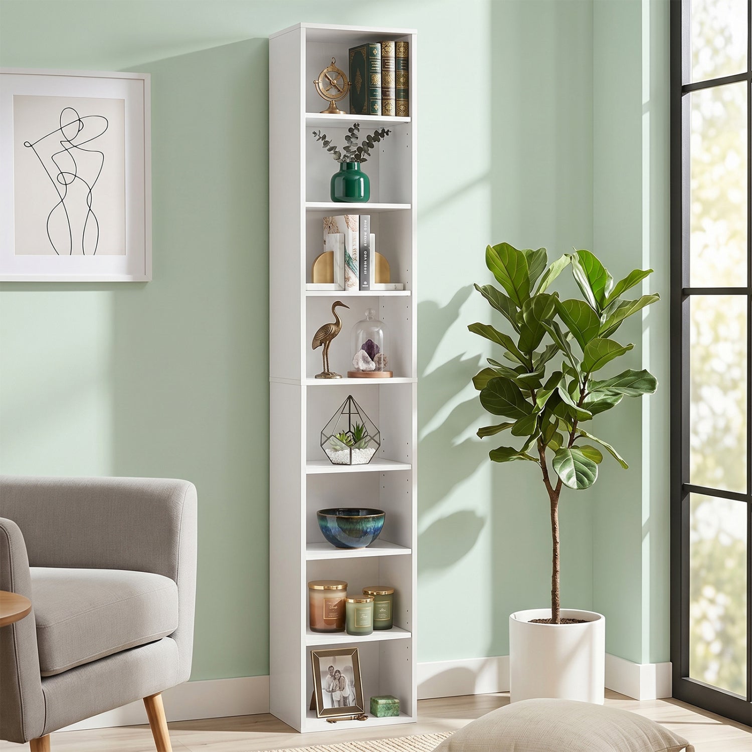 8-Tier Narrow Bookshelf with Adjustable Shelves