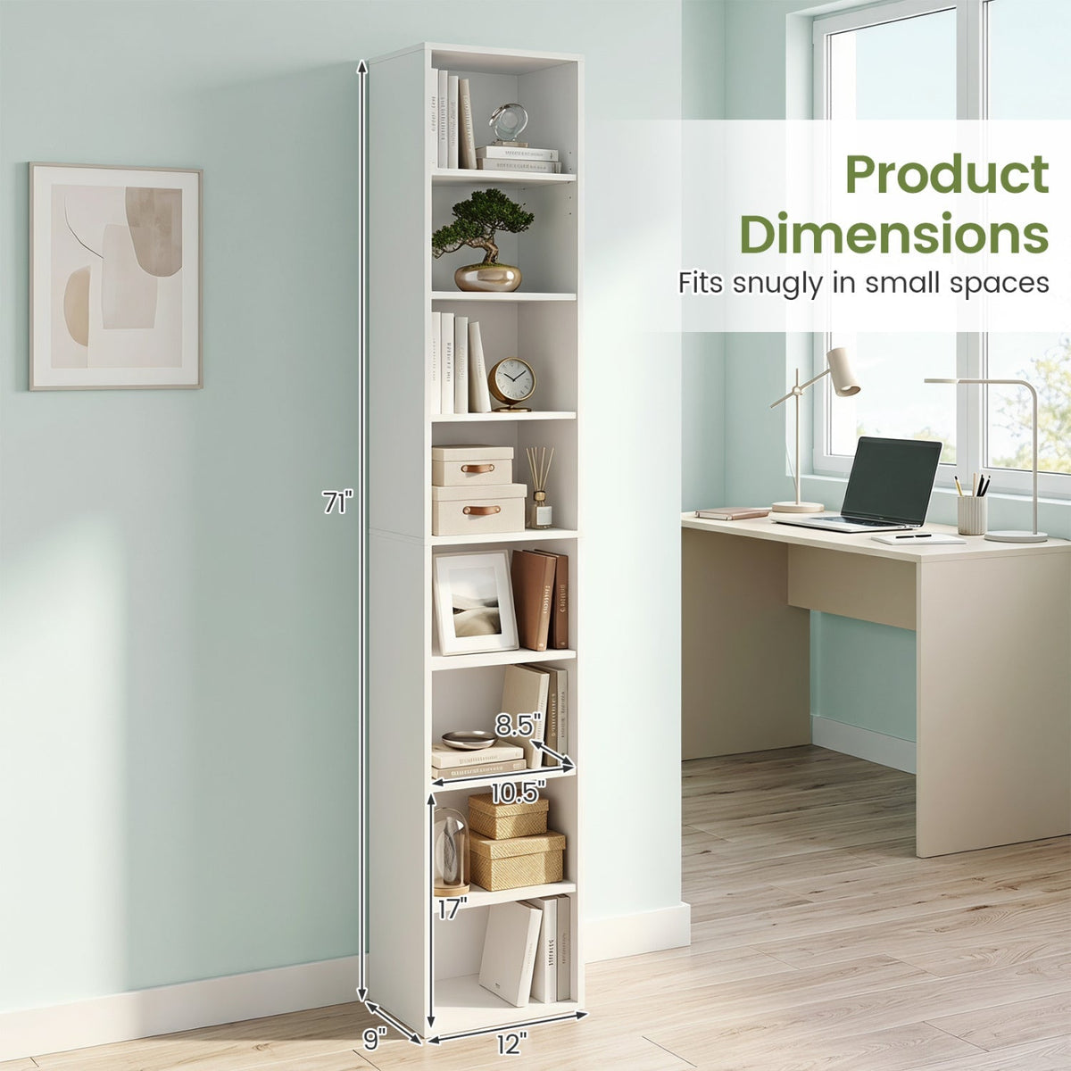 8-Tier Narrow Bookshelf with Adjustable Shelves