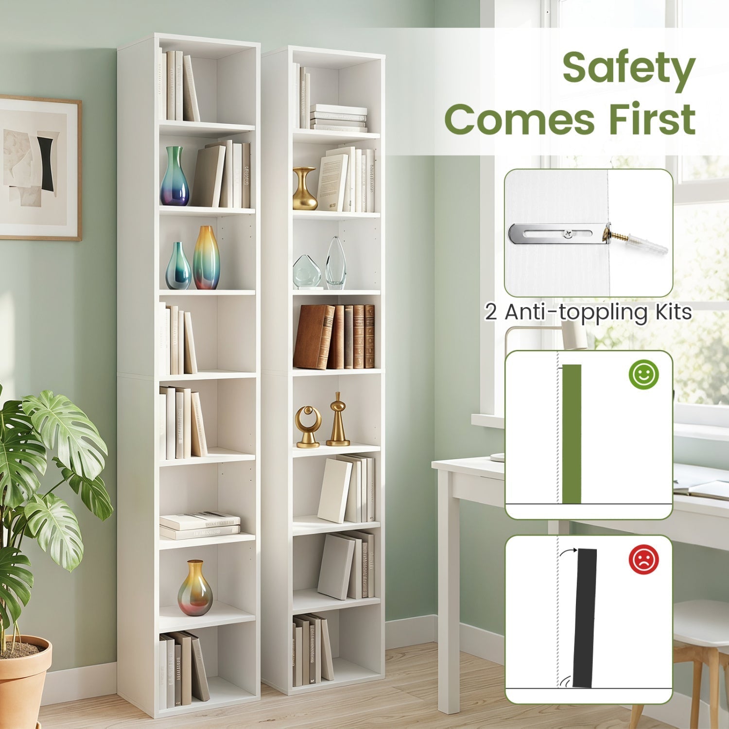 8-Tier Narrow Bookshelf with Adjustable Shelves