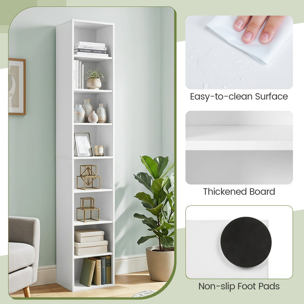 8-Tier Narrow Bookshelf with Adjustable Shelves