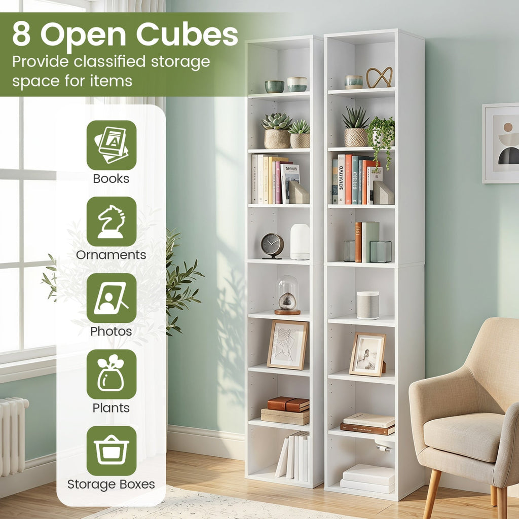 8-Tier Narrow Bookshelf with Adjustable Shelves