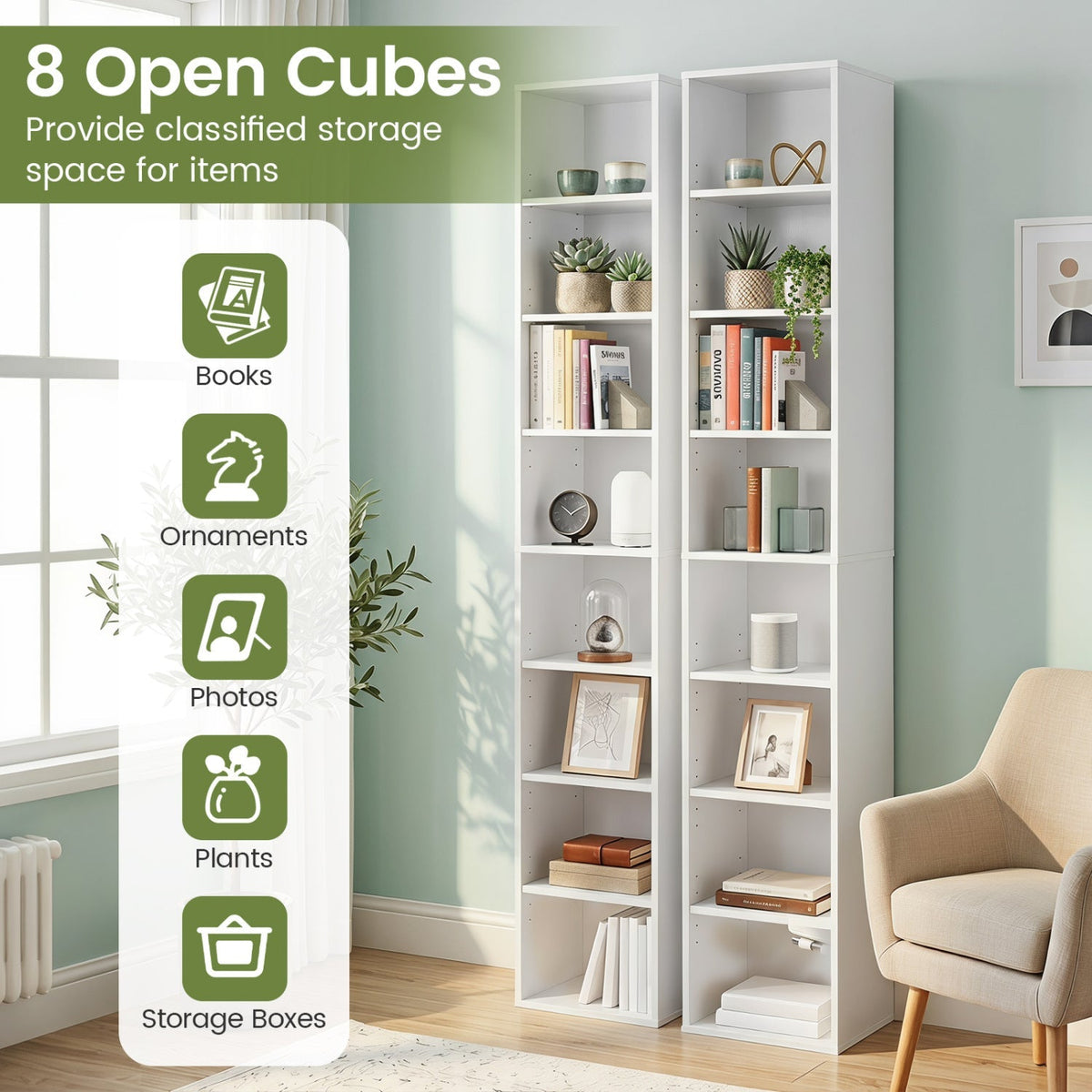 8-Tier Narrow Bookshelf with Adjustable Shelves