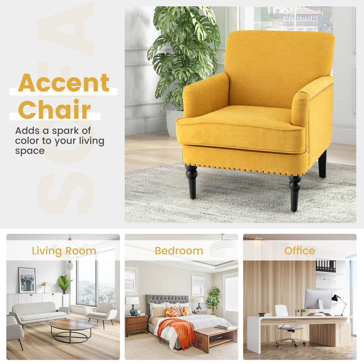 Modern Upholstered Padded Accent Chair with Rubber Wood Legs