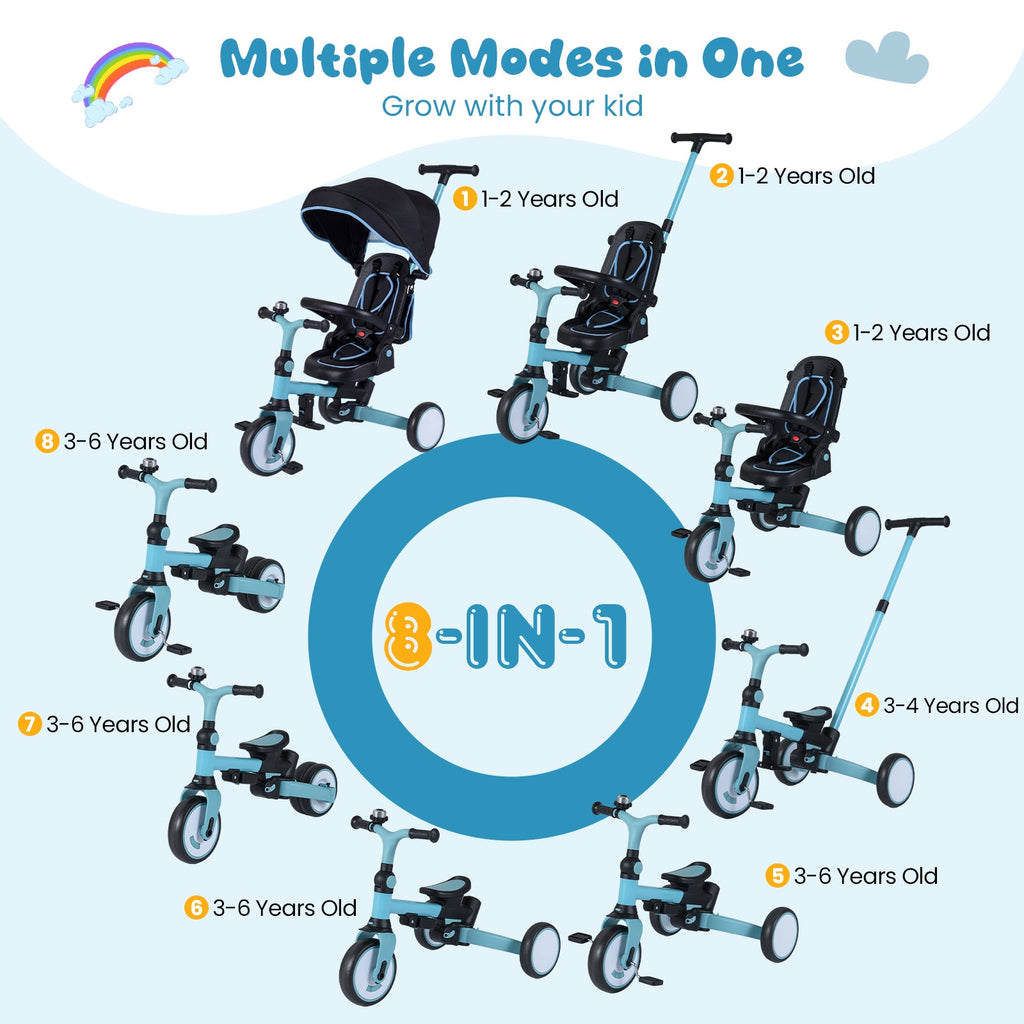 8-in-1 Folding Kids Tricycle with Removable Canopy and Push Handle