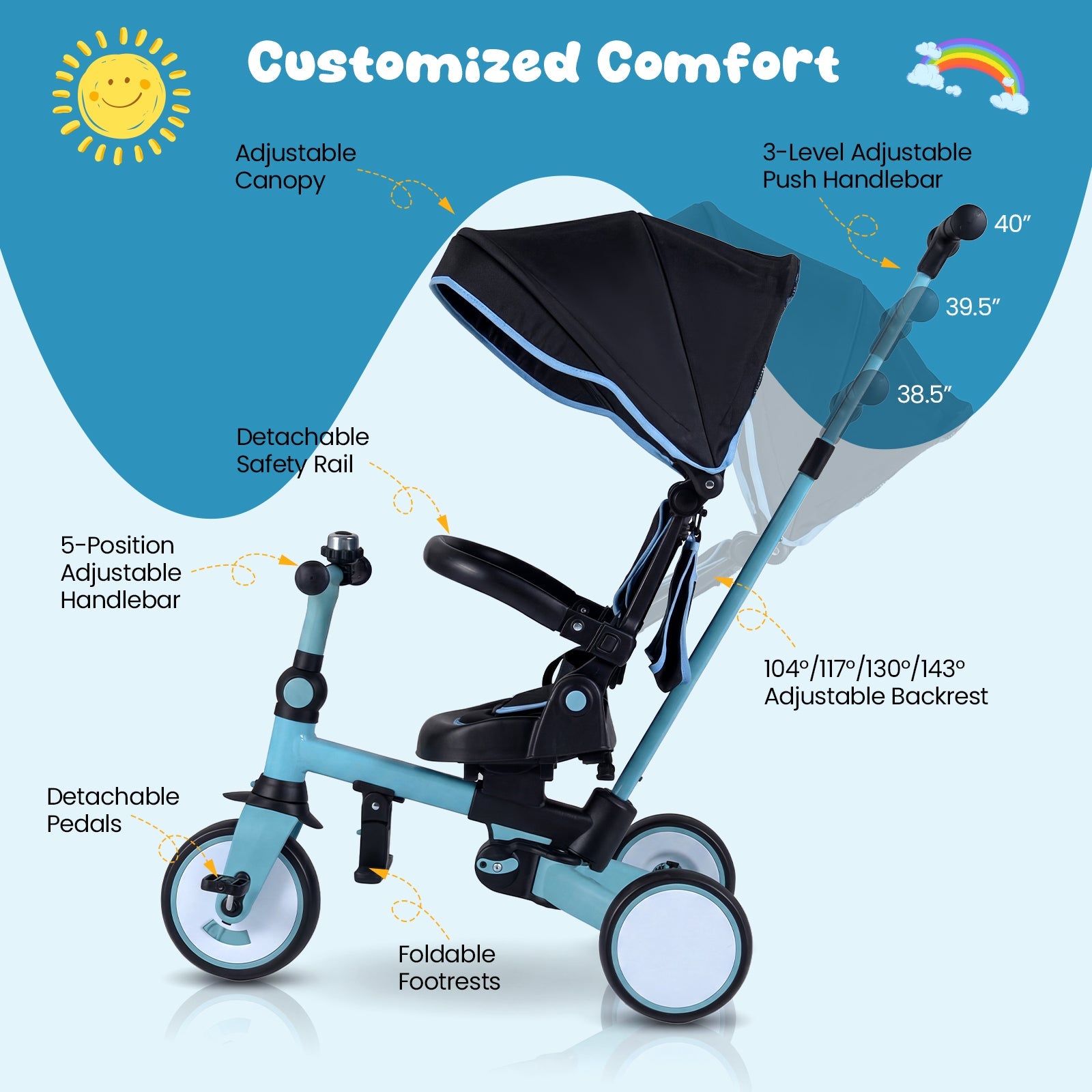 8-in-1 Folding Kids Tricycle with Removable Canopy and Push Handle
