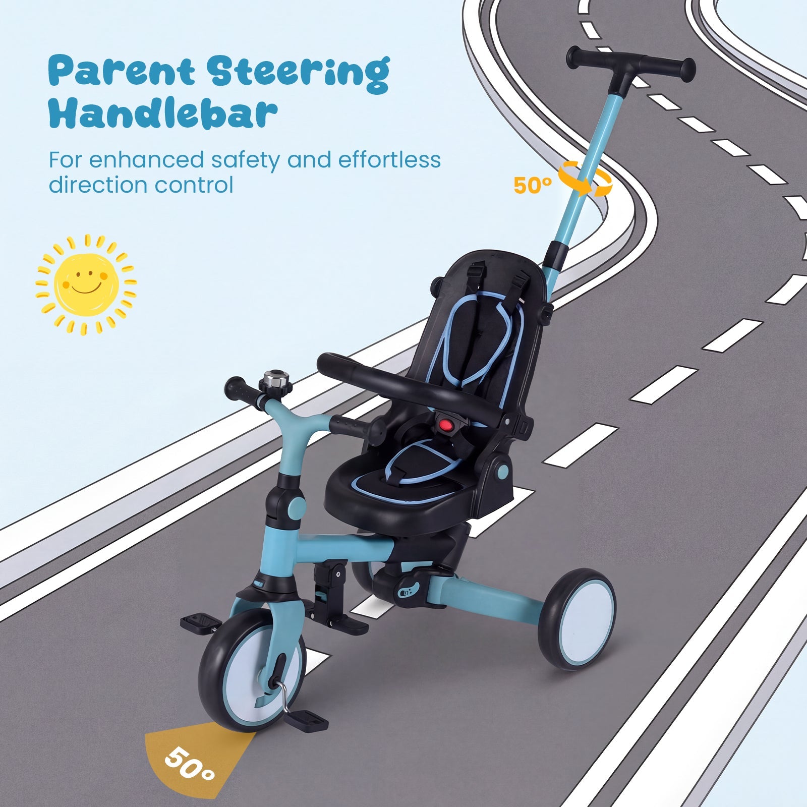 8-in-1 Folding Kids Tricycle with Removable Canopy and Push Handle