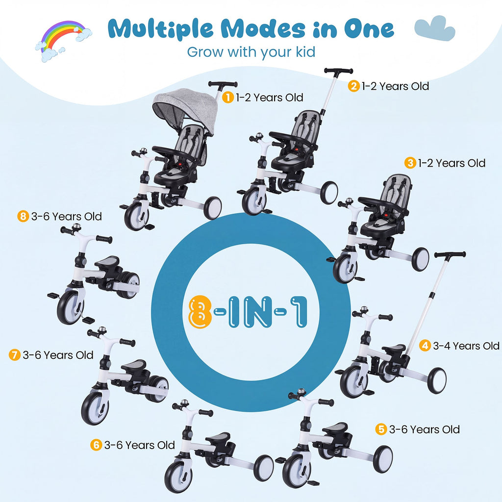 8-in-1 Folding Kids Tricycle with Removable Canopy and Push Handle