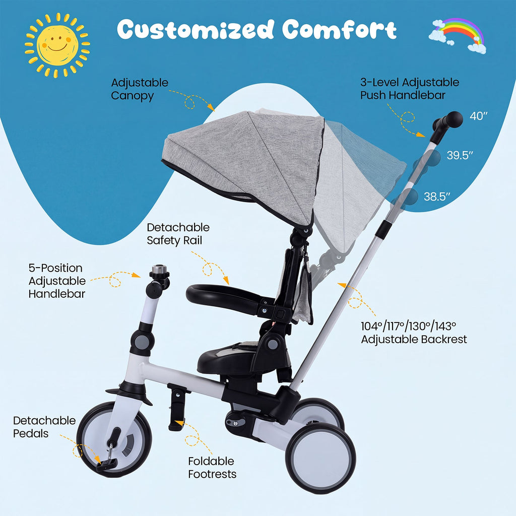 8-in-1 Folding Kids Tricycle with Removable Canopy and Push Handle