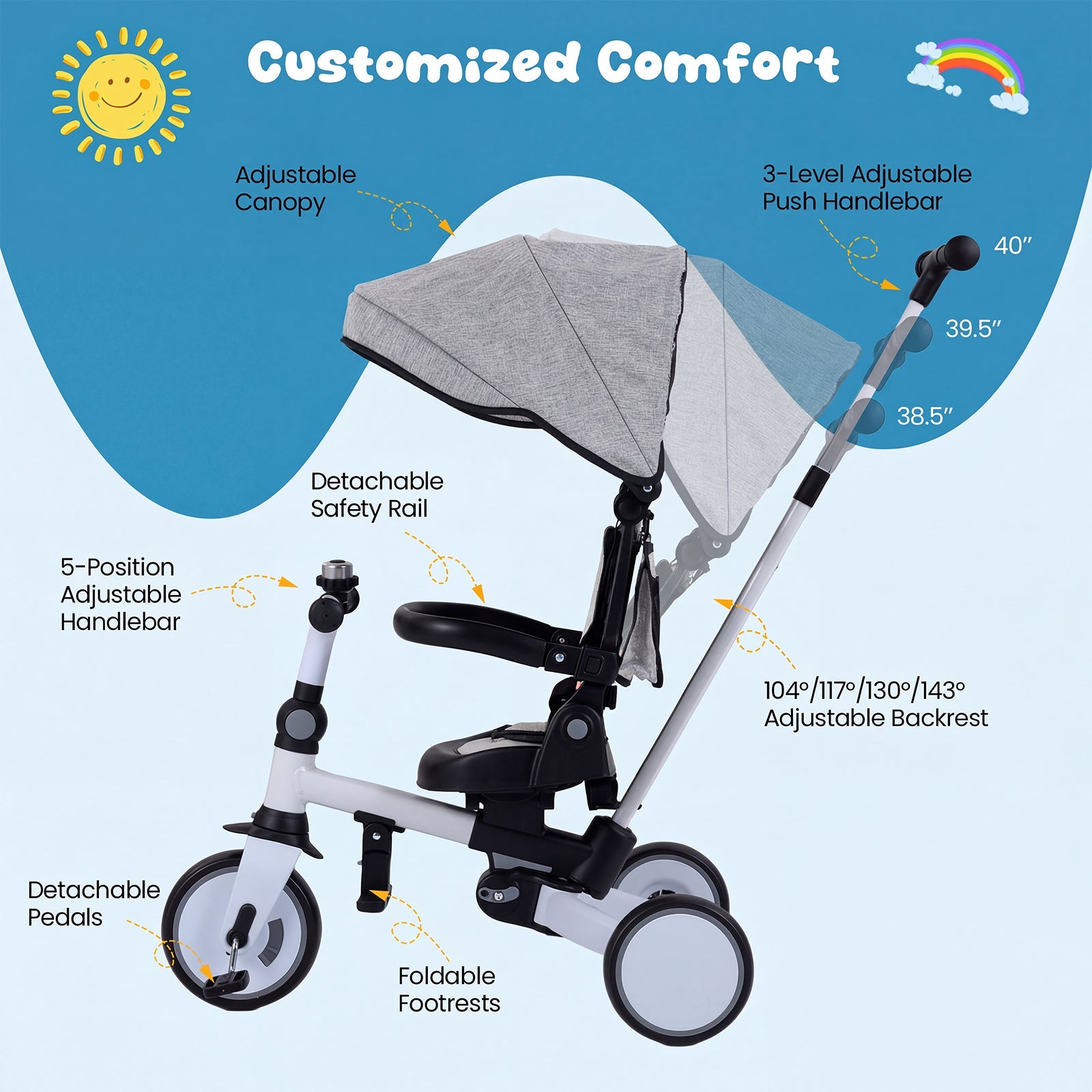 8-in-1 Folding Kids Tricycle with Removable Canopy and Push Handle