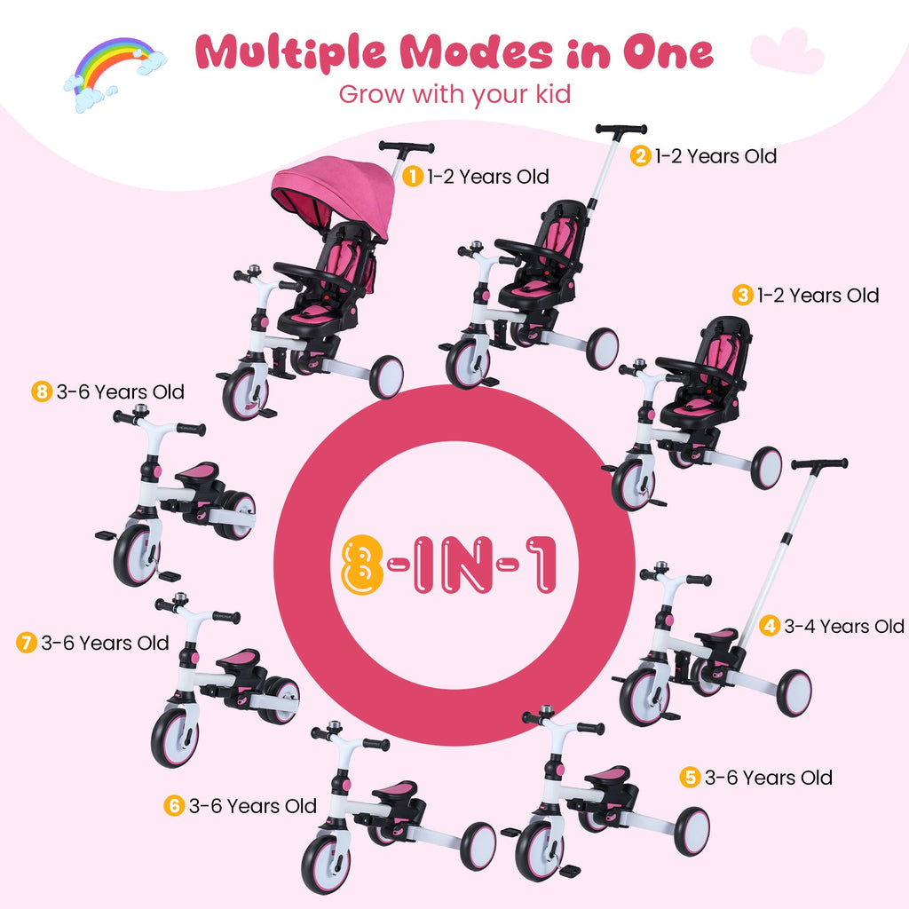 8-in-1 Folding Kids Tricycle with Removable Canopy and Push Handle