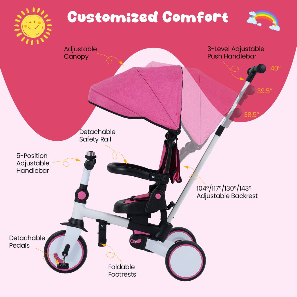 8-in-1 Folding Kids Tricycle with Removable Canopy and Push Handle
